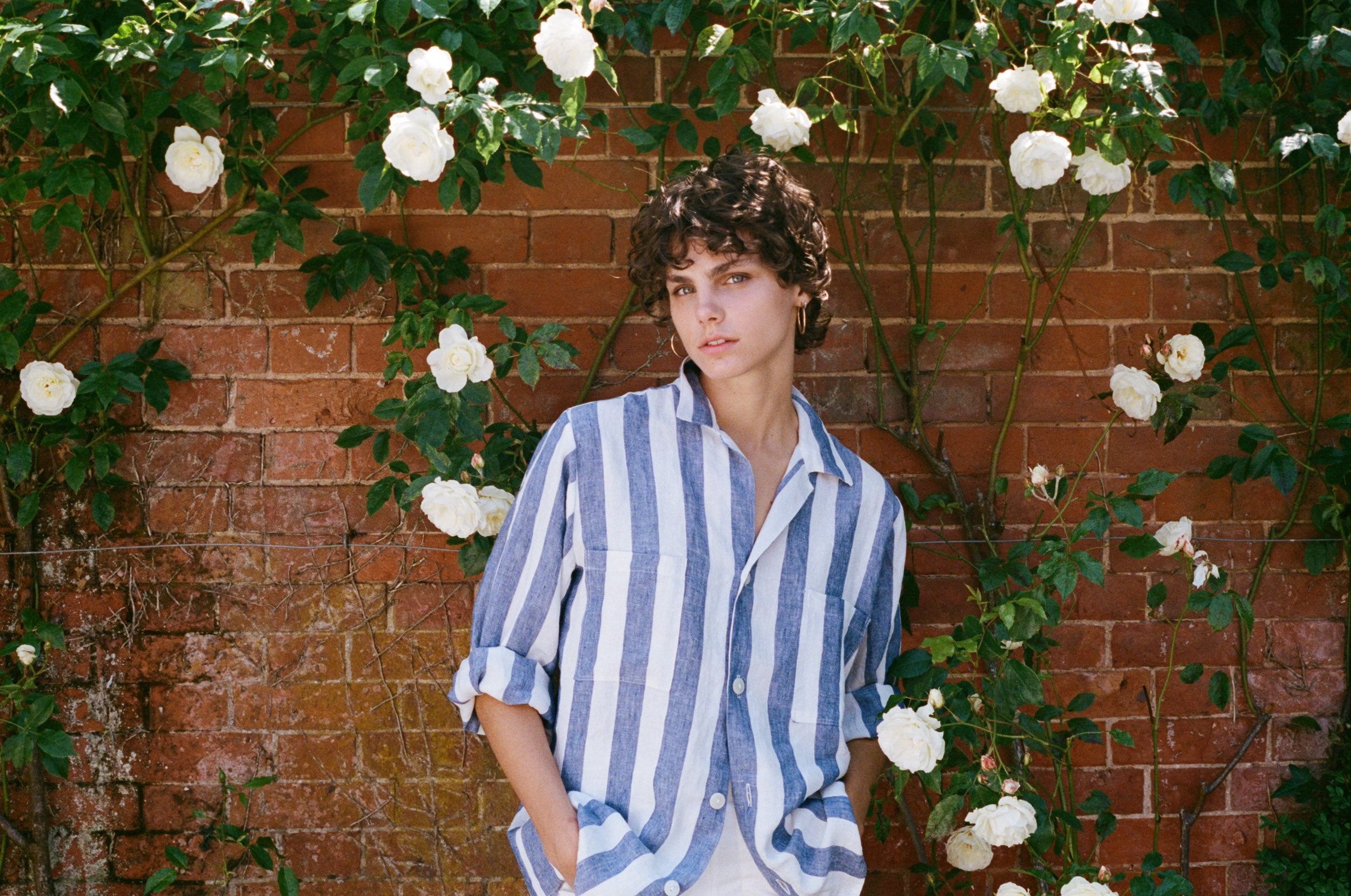 Els Wears Carrier Company Blue & White Striped Linen Pyjamas With Women's Work Trouser in White