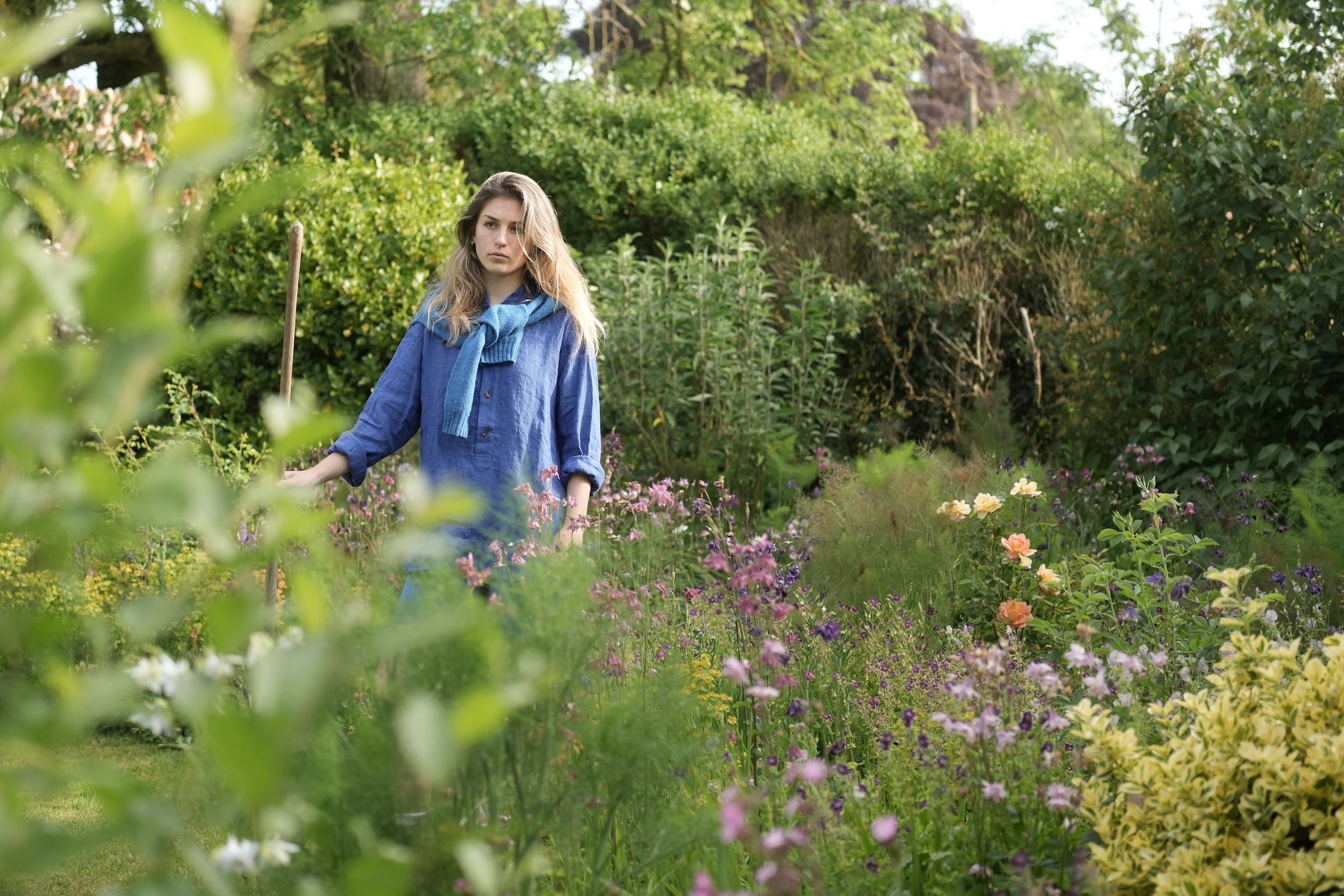 Isobel Wears Carrier Company Linen Collarless Shirt In Cobalt Blue