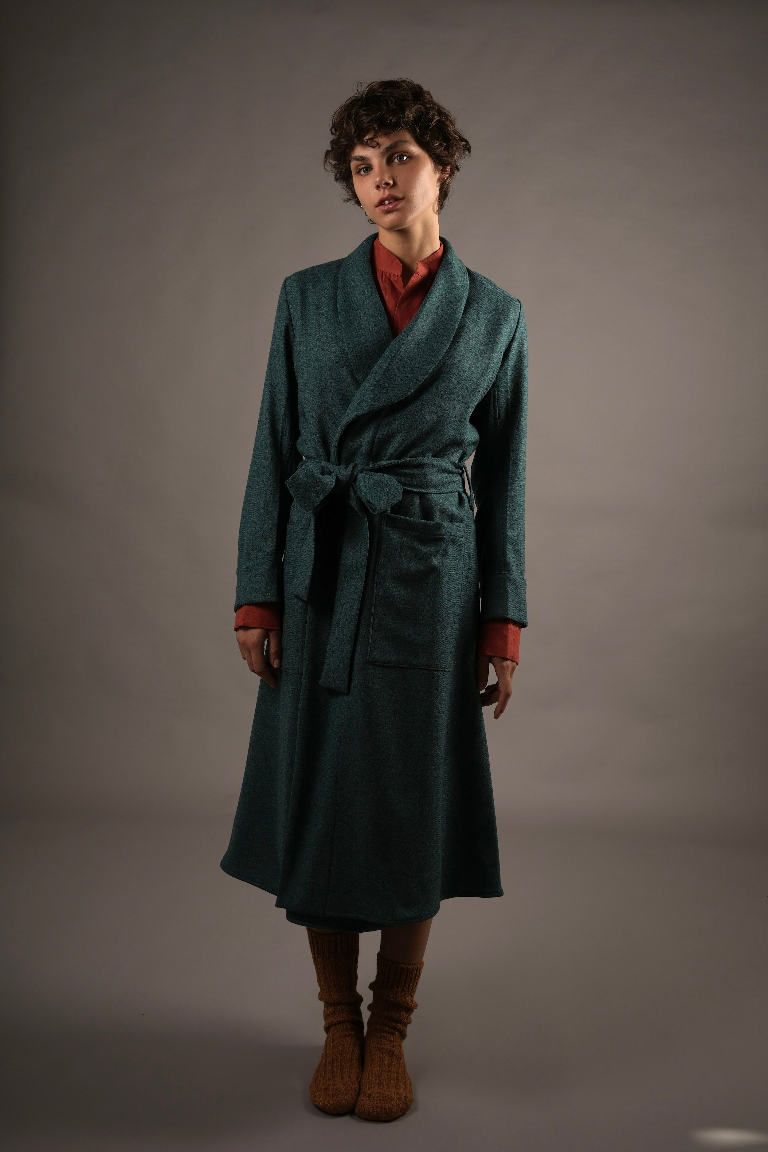 Els wears wears Carrier Company Wool Dressing Gown in New Teal