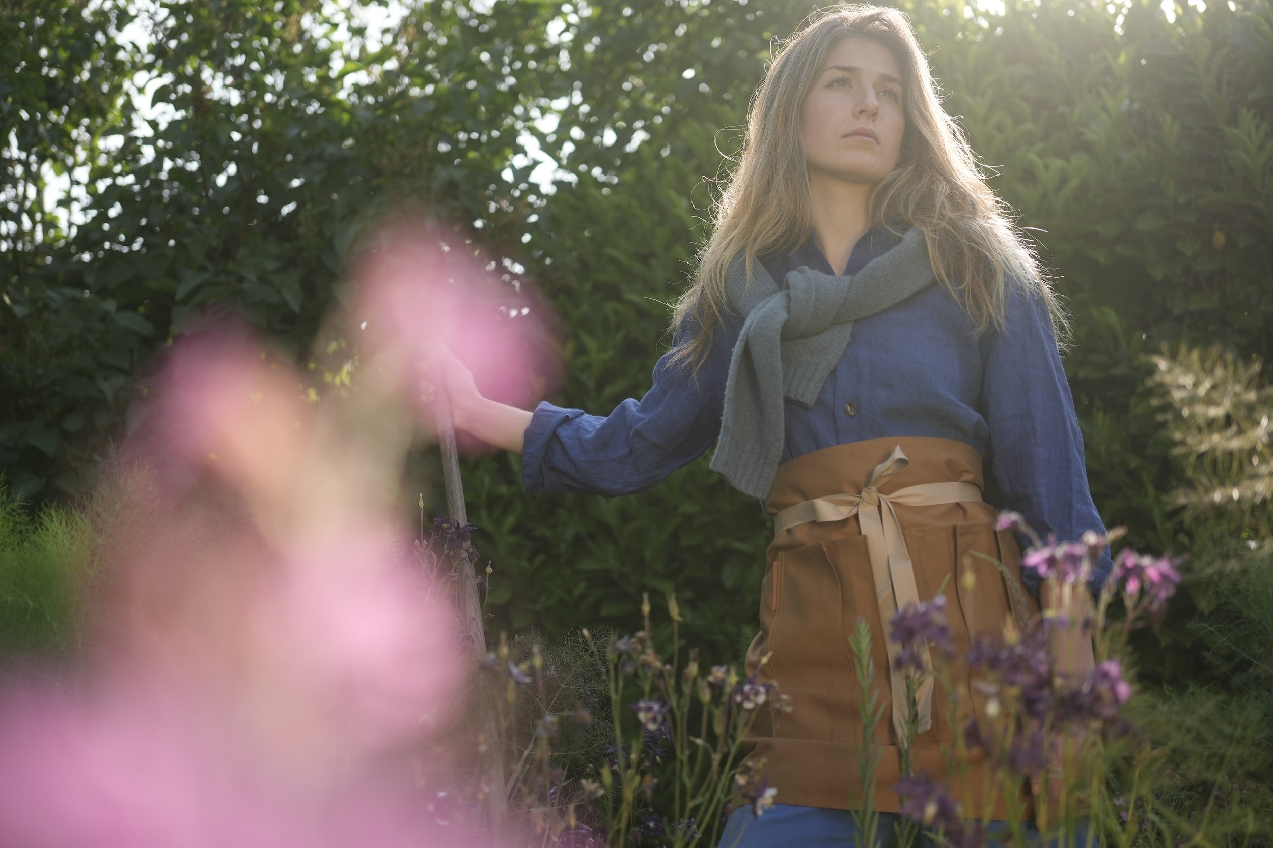 Isobel Wears Carrier Company Linen Collarless Shirt In Cobalt Blue