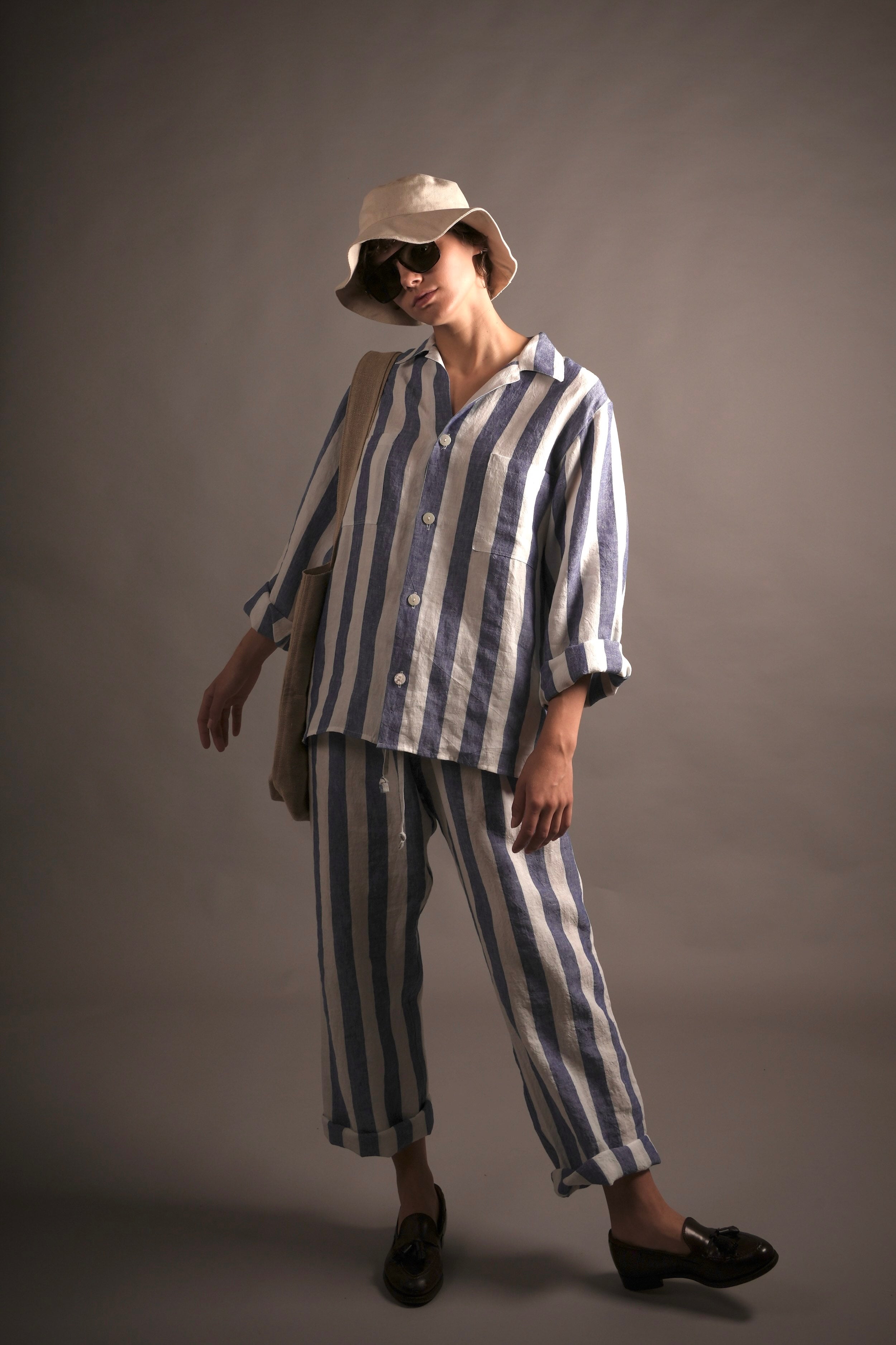 Els Wears Carrier Company Blue & White Striped Linen Pyjamas & Cotton Sun Hat