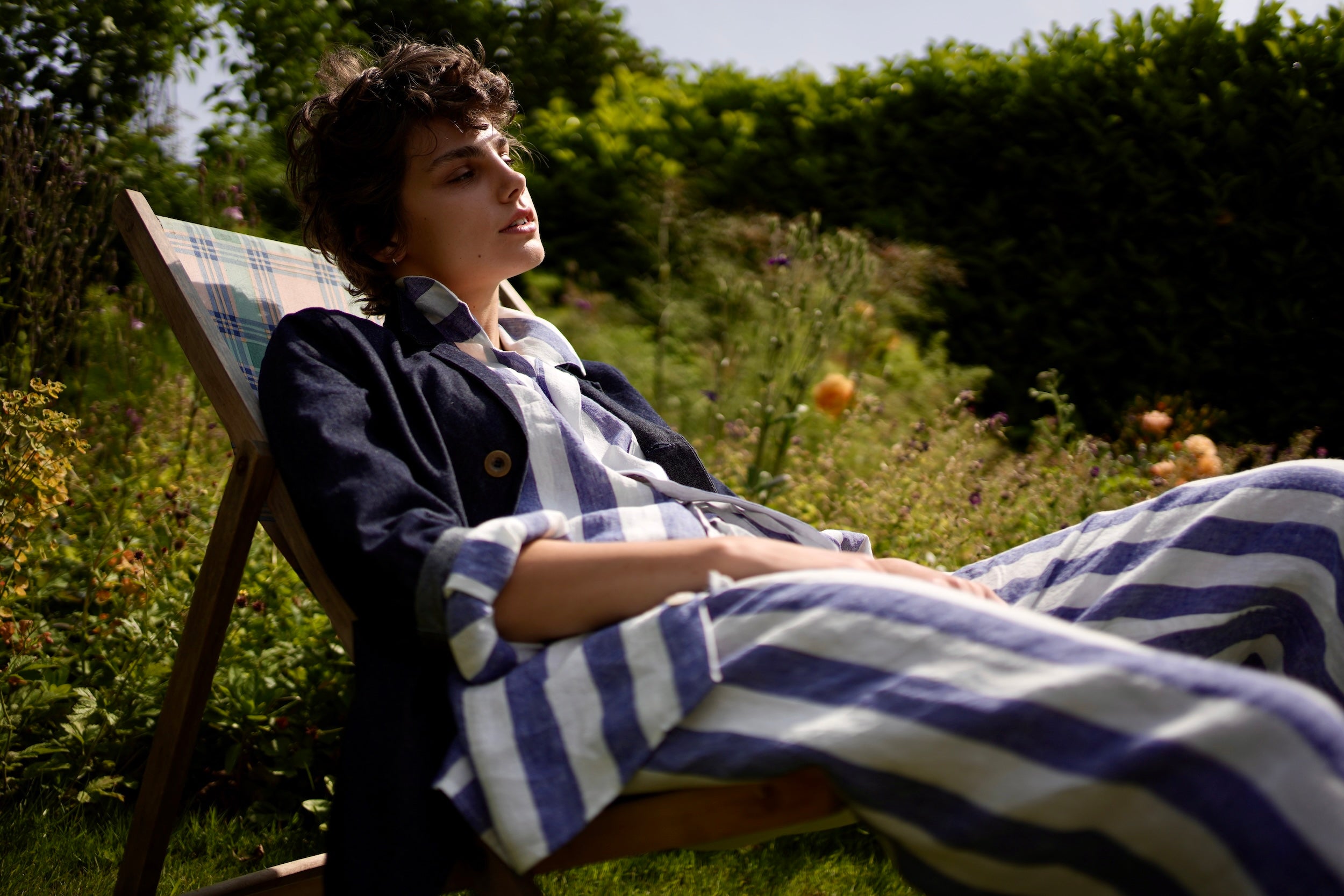 Els Wears Carrier Company Blue & White Striped Linen Pyjamas & Three Button Jacket in Denim