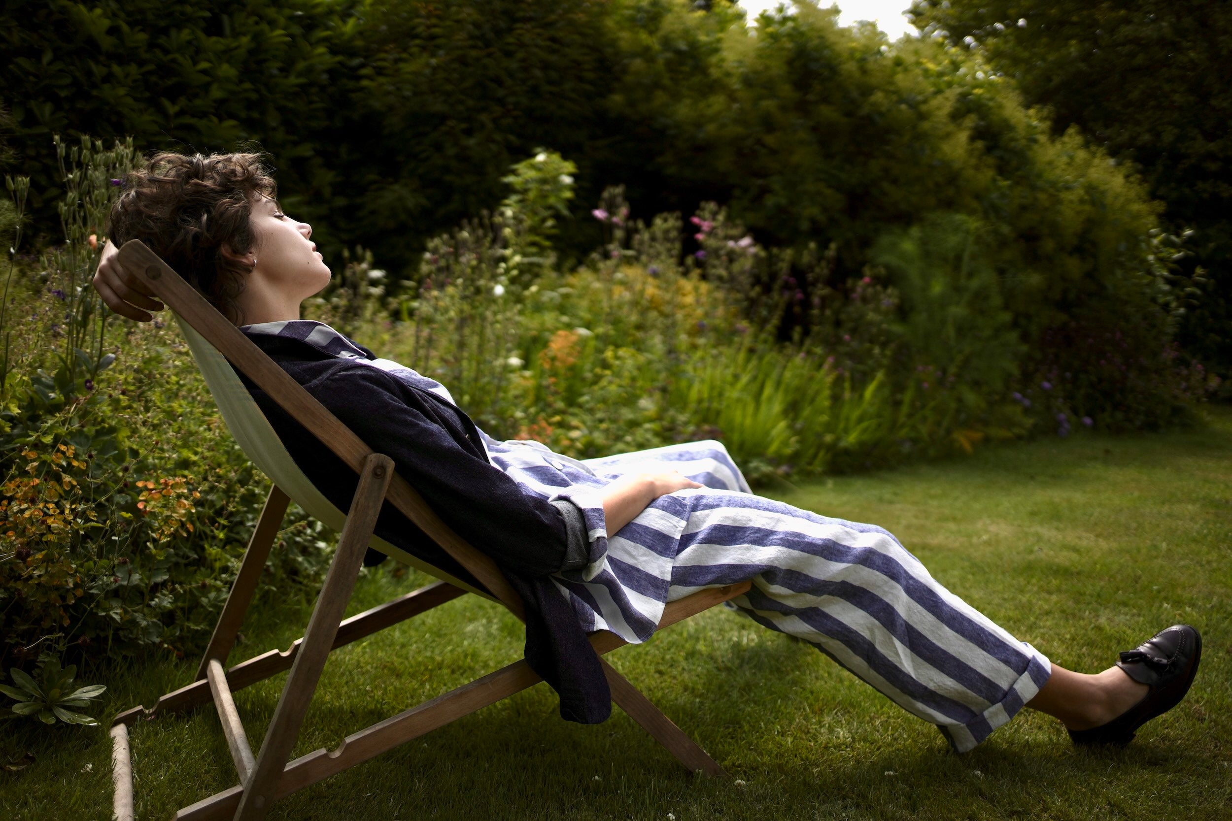Els Wears Carrier Company Blue & White Striped Linen Pyjamas & Three Button Jacket in Denim