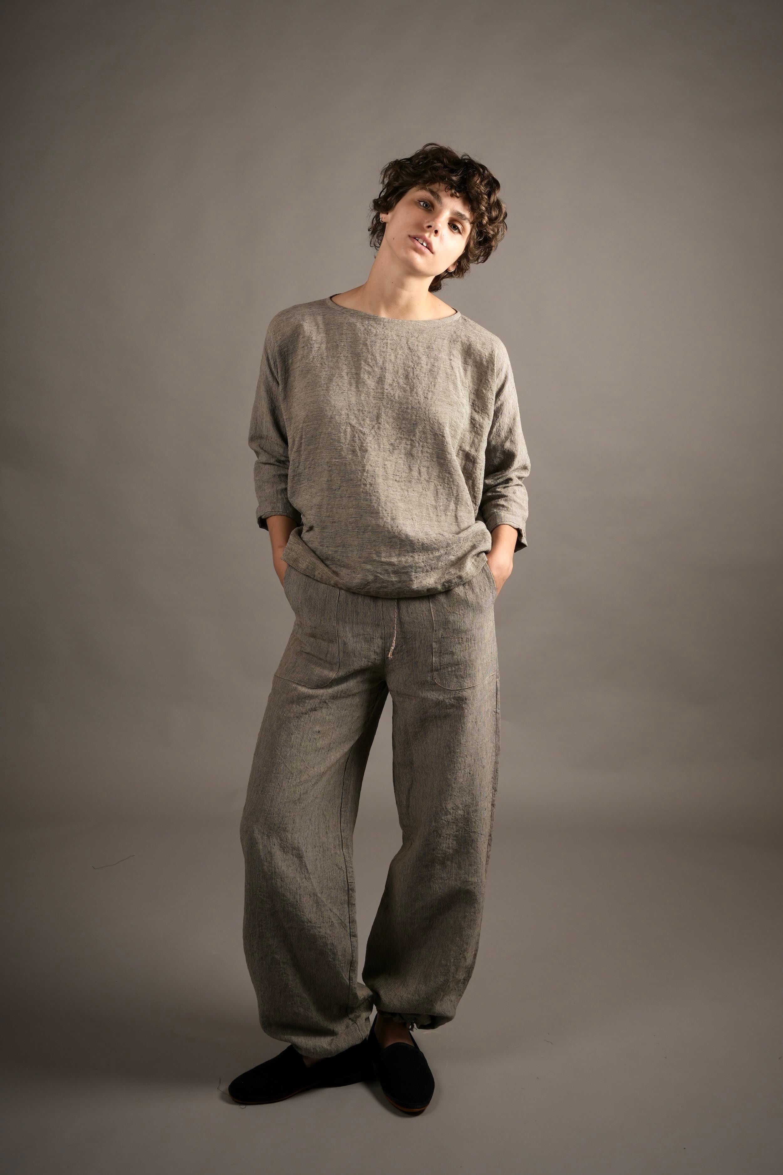 Els Wears Carrier Company Linen Tee In Charcoal Stripe & Linen Joggers