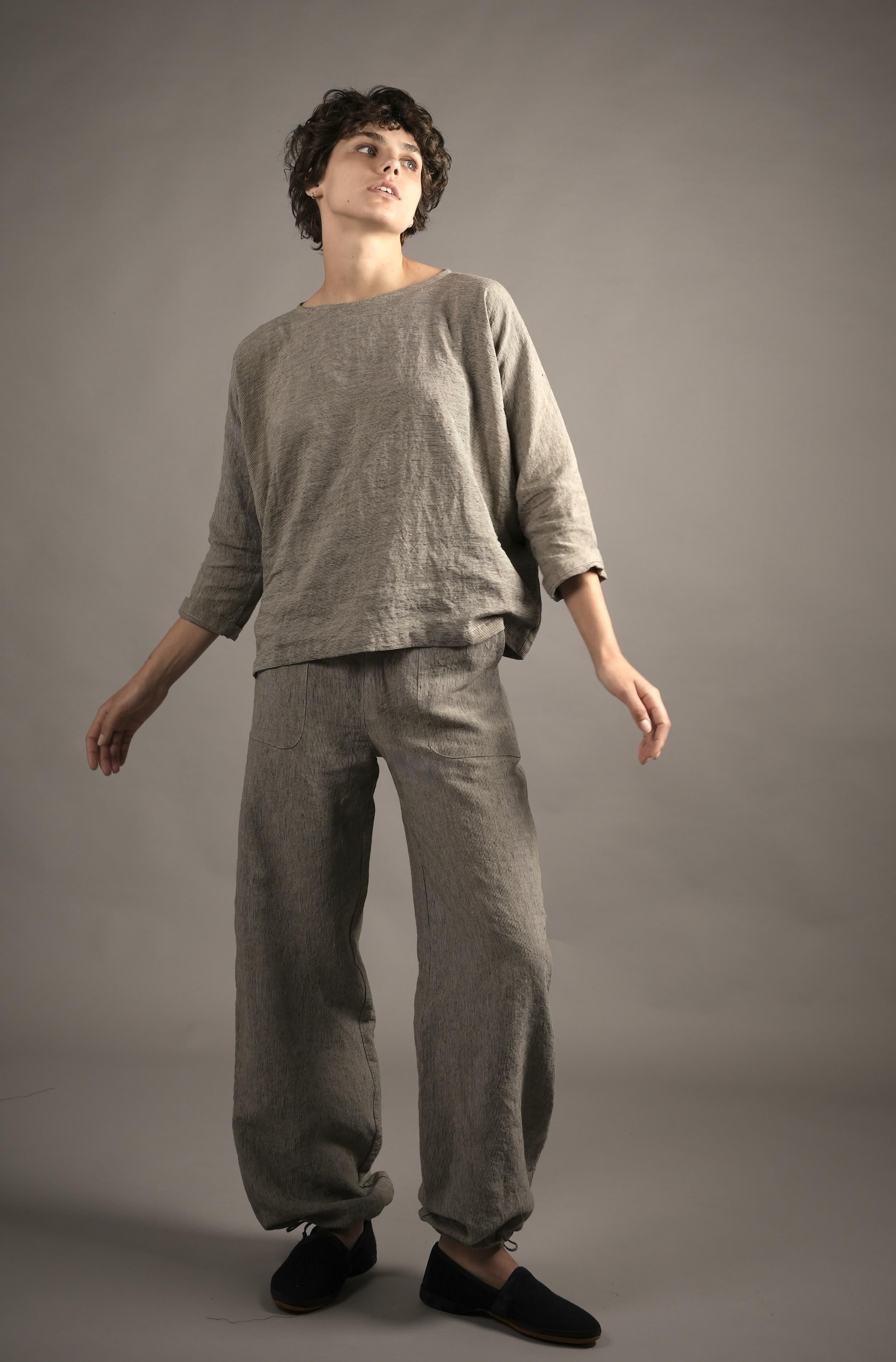 Els Wears Carrier Company Linen Tee In Charcoal Stripe & Linen Joggers
