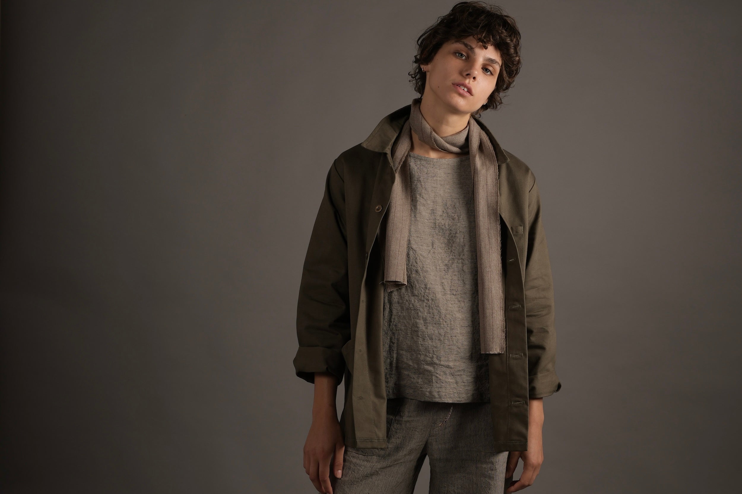 Els wears Carrier Company Norfolk Work jacket with Linen Tee Shirt & Short Scarf