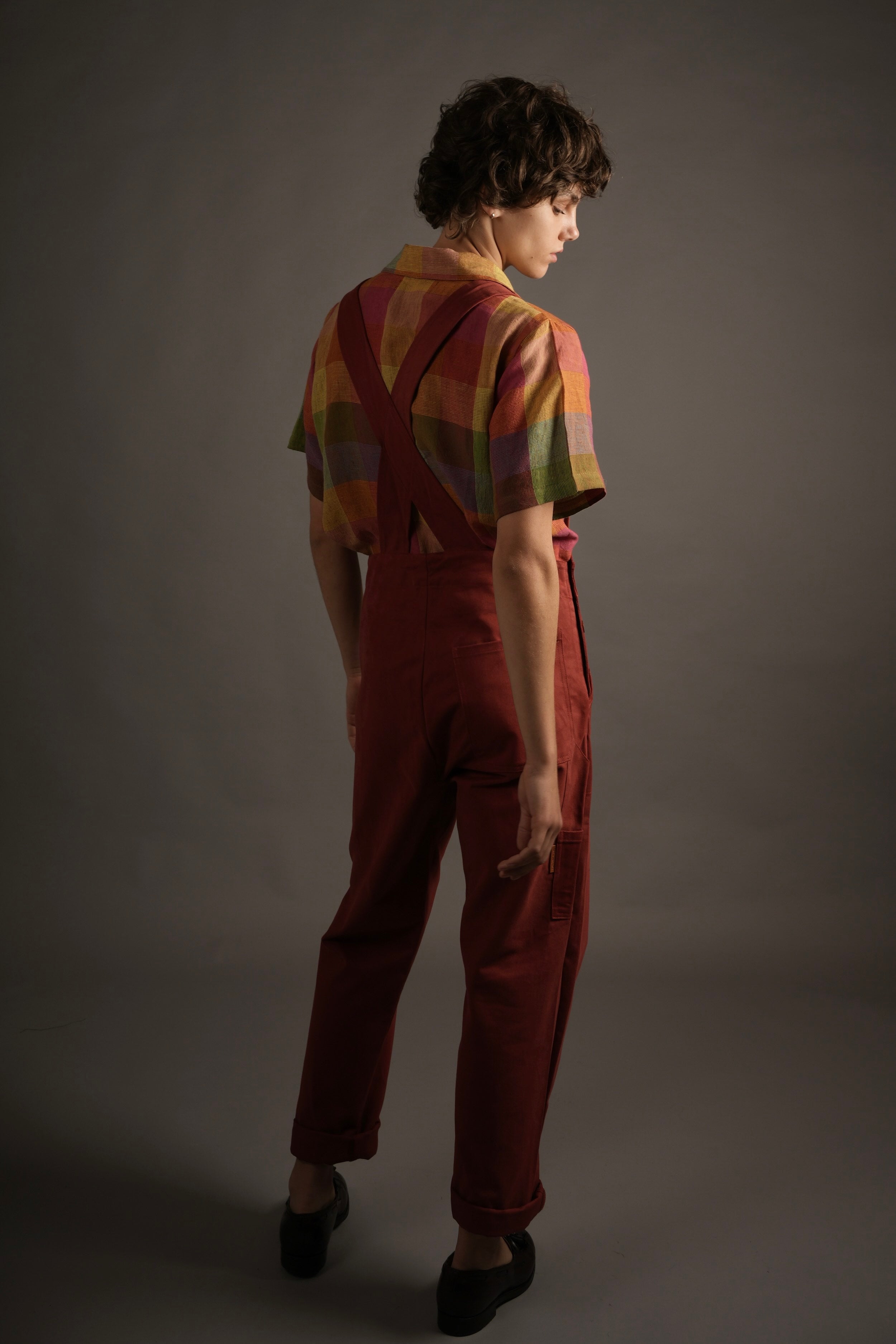 Els Wears Carrier Company Women's Dungarees in Terracotta & Cuban Shirt