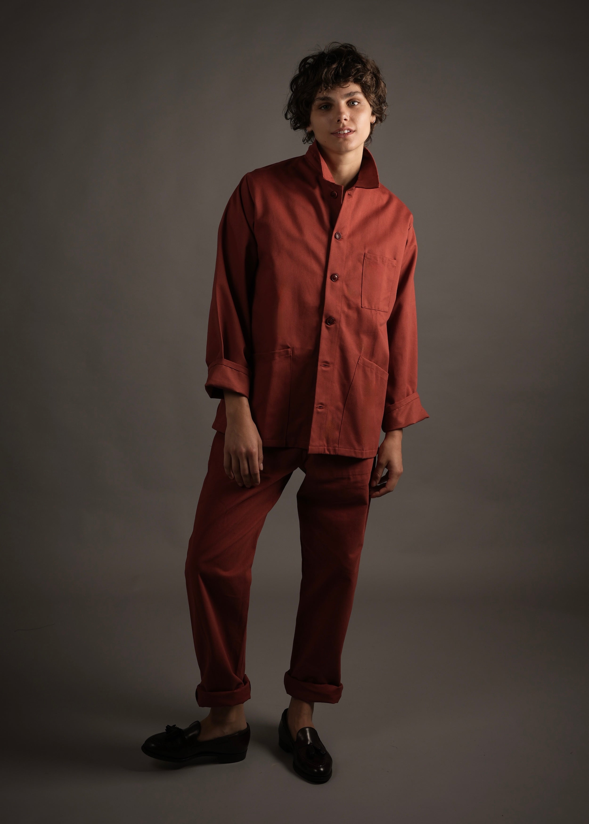 Els wears Carrier Company Norfolk Work Jacket and Women's Dungarees in Terracotta