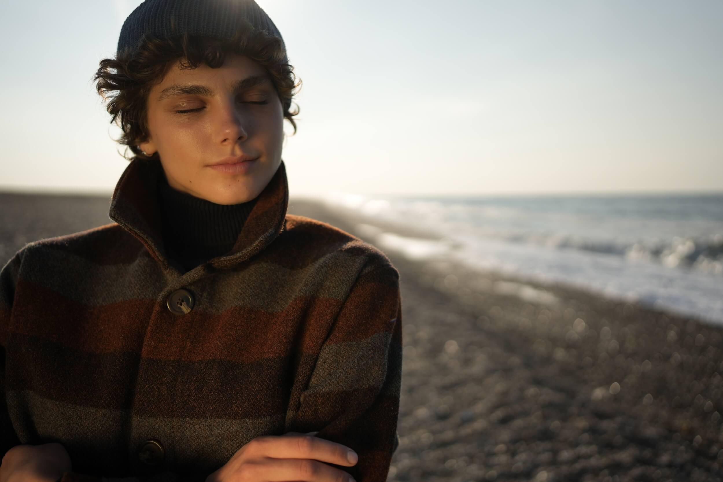 Els Wears Carrier Company Wool jacket in Conker Stripe With Superfino Merino Jumper, Dutch Trouser in Corduroy & Merino Watch Cap