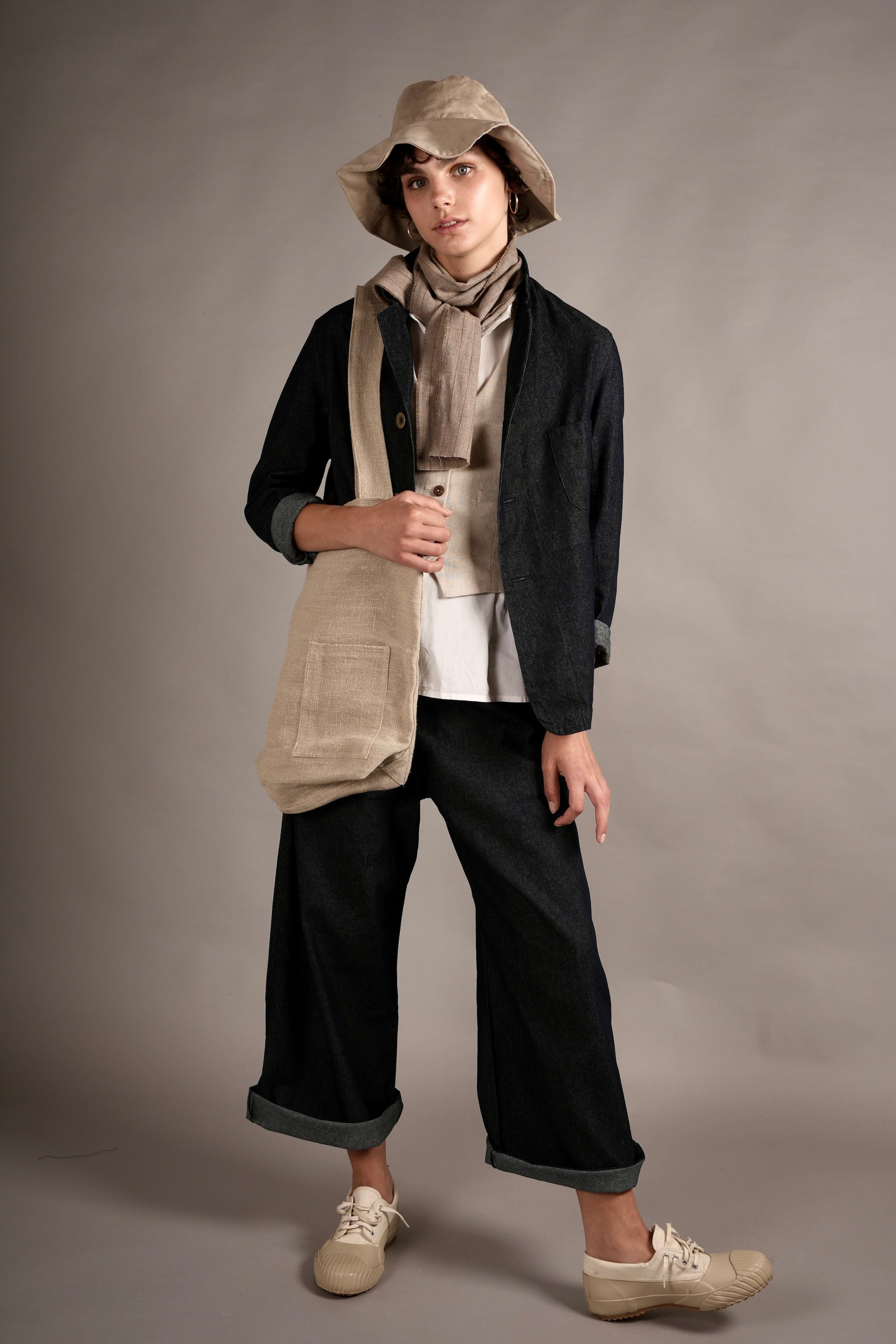 Els Wears Carrier Company Three Button Jacket in Denim WIth Lightweight Collarless Shirt, Women's Linen Waistcoat & Sailor's Trouser