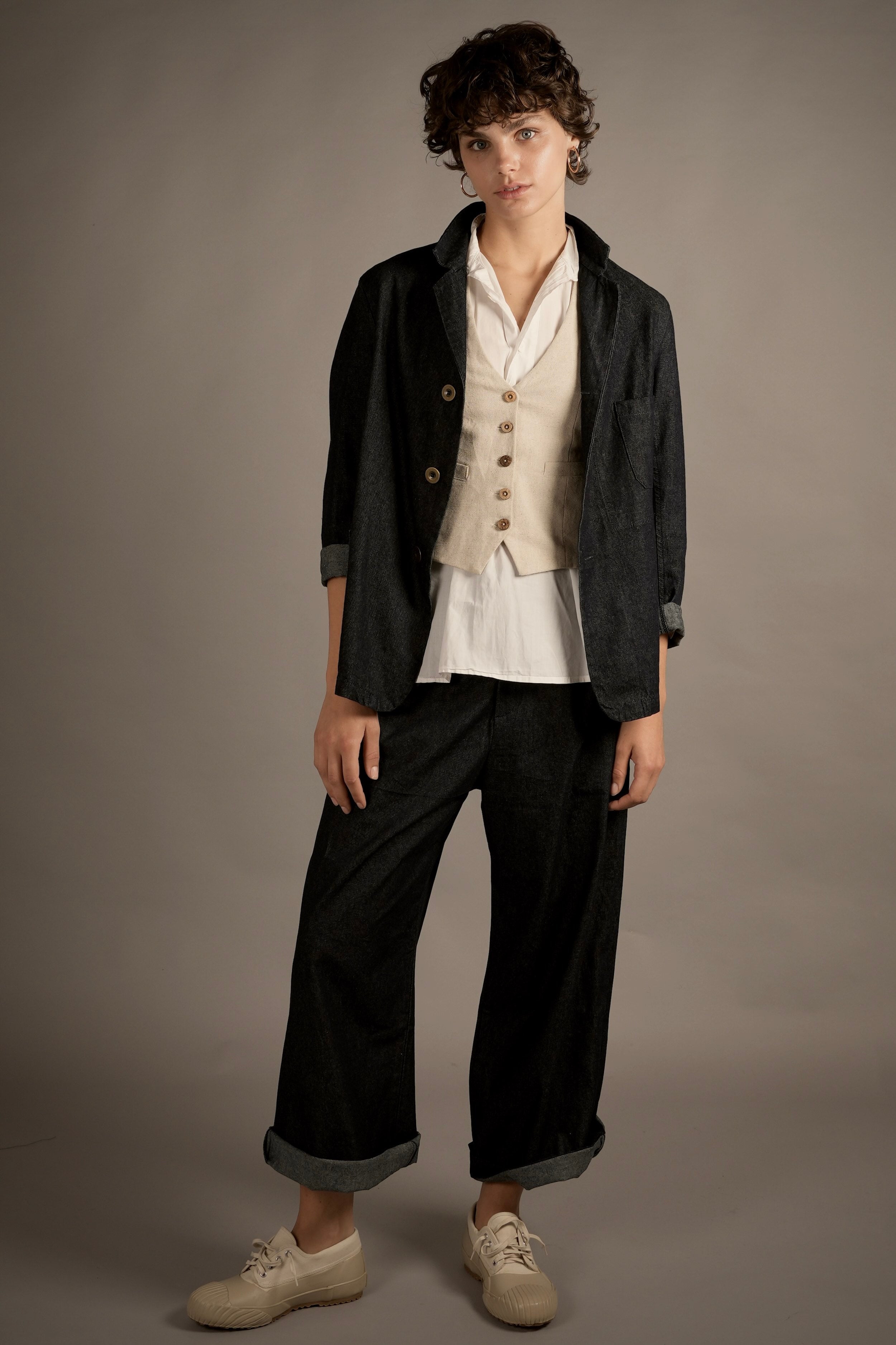 Els Wears Carrier Company Three Button Jacket in Denim WIth Lightweight Collarless Shirt, Women's Linen Waistcoat & Sailor's Trouser