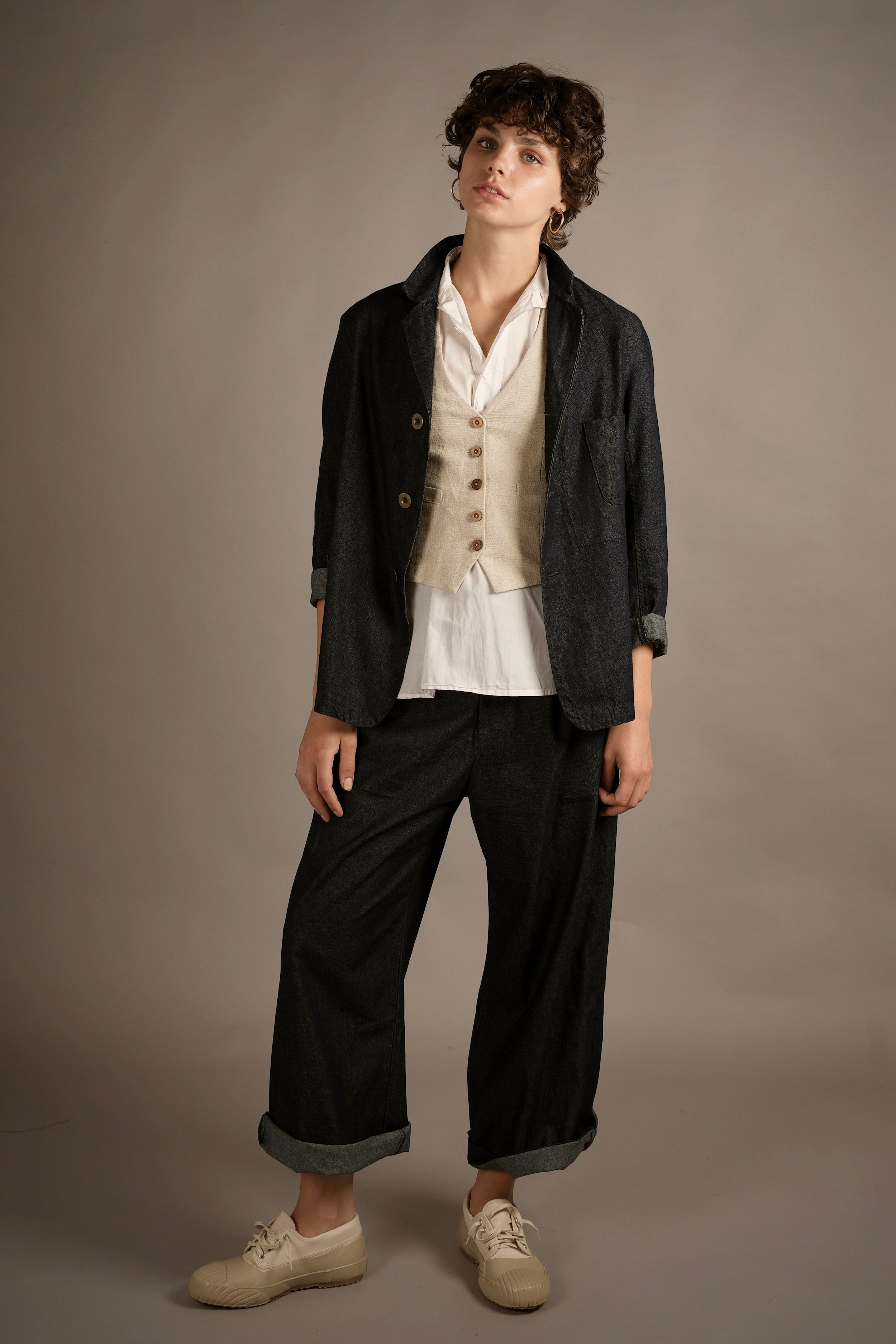 Els Wears Carrier Company Three Button Jacket in Denim WIth Lightweight Collarless Shirt, Women's Linen Waistcoat &Sailor's Trouser