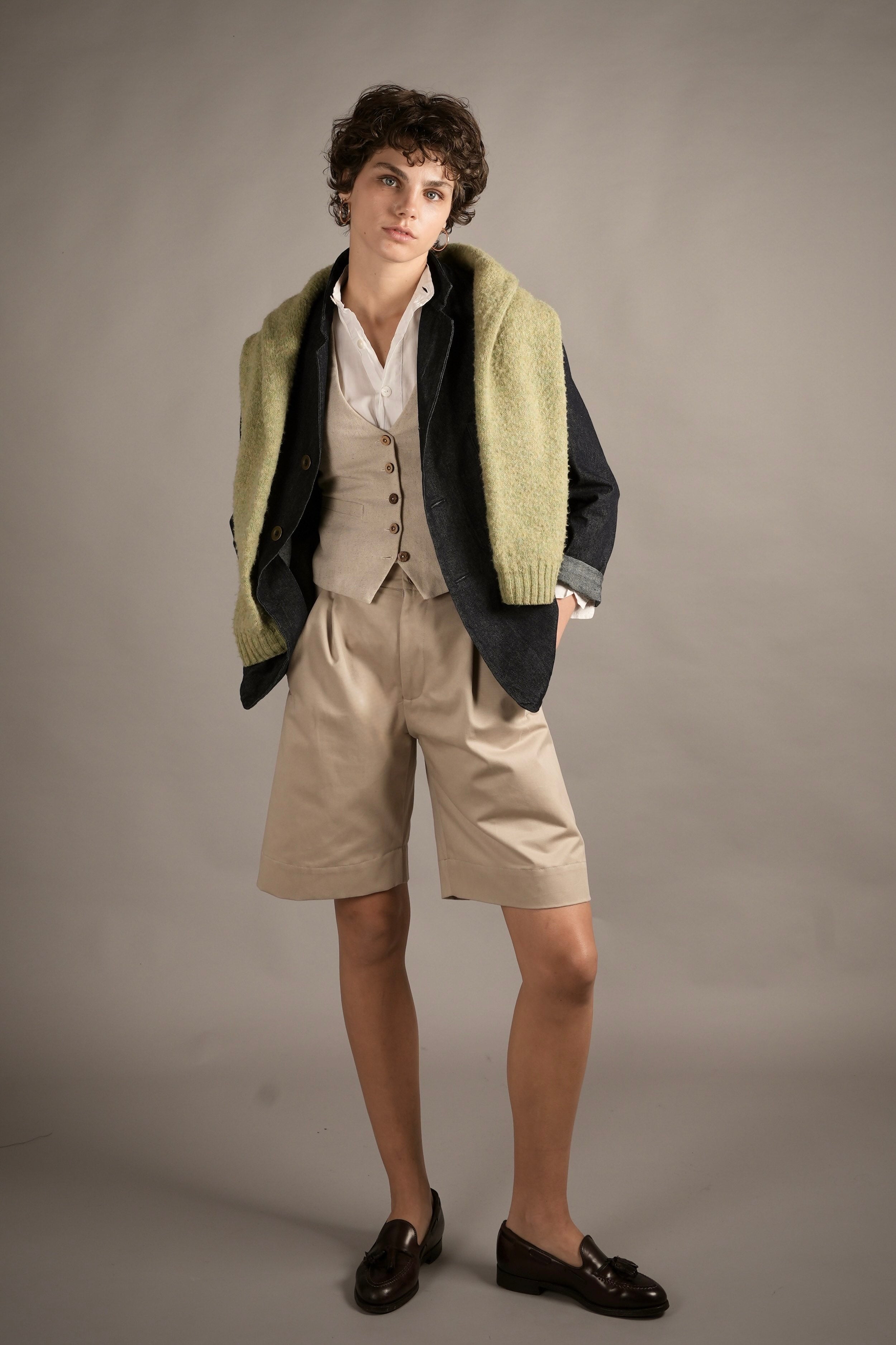 Els Wears Carrier Company Three Button Jacket in Denim WIth Lightweight Collarless Shirt, Women's Linen Waistcoat, Brushed shetland Jumper & Dutch Shorts