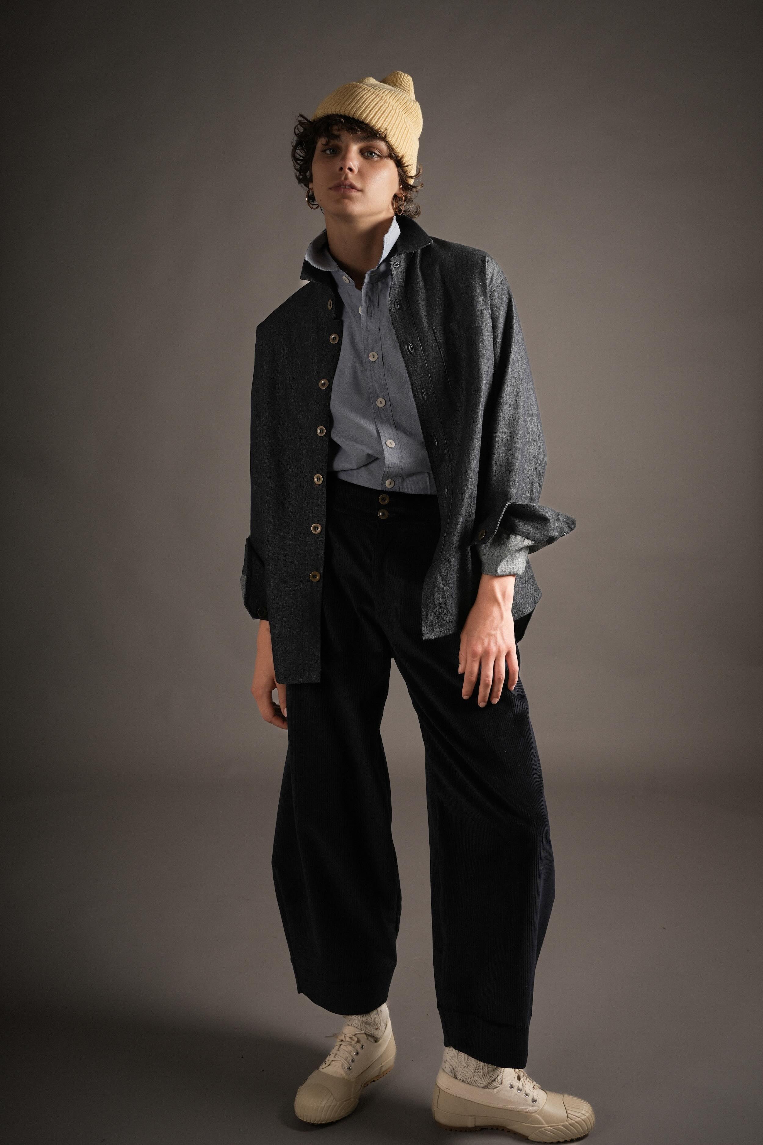 Els Wears Carrier Company Dutch Trouser in Navy Corduroy with Chambray Shirt