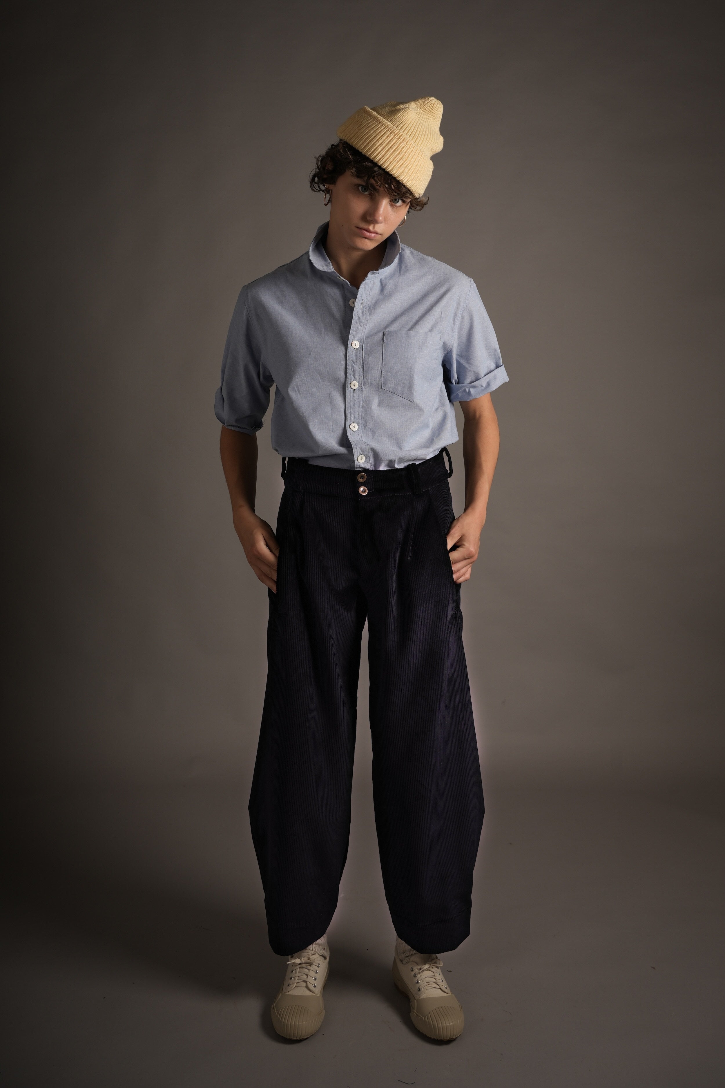 Els Wears Carrier Company Dutch Trouser in Navy Corduroy with Chambray Shirt