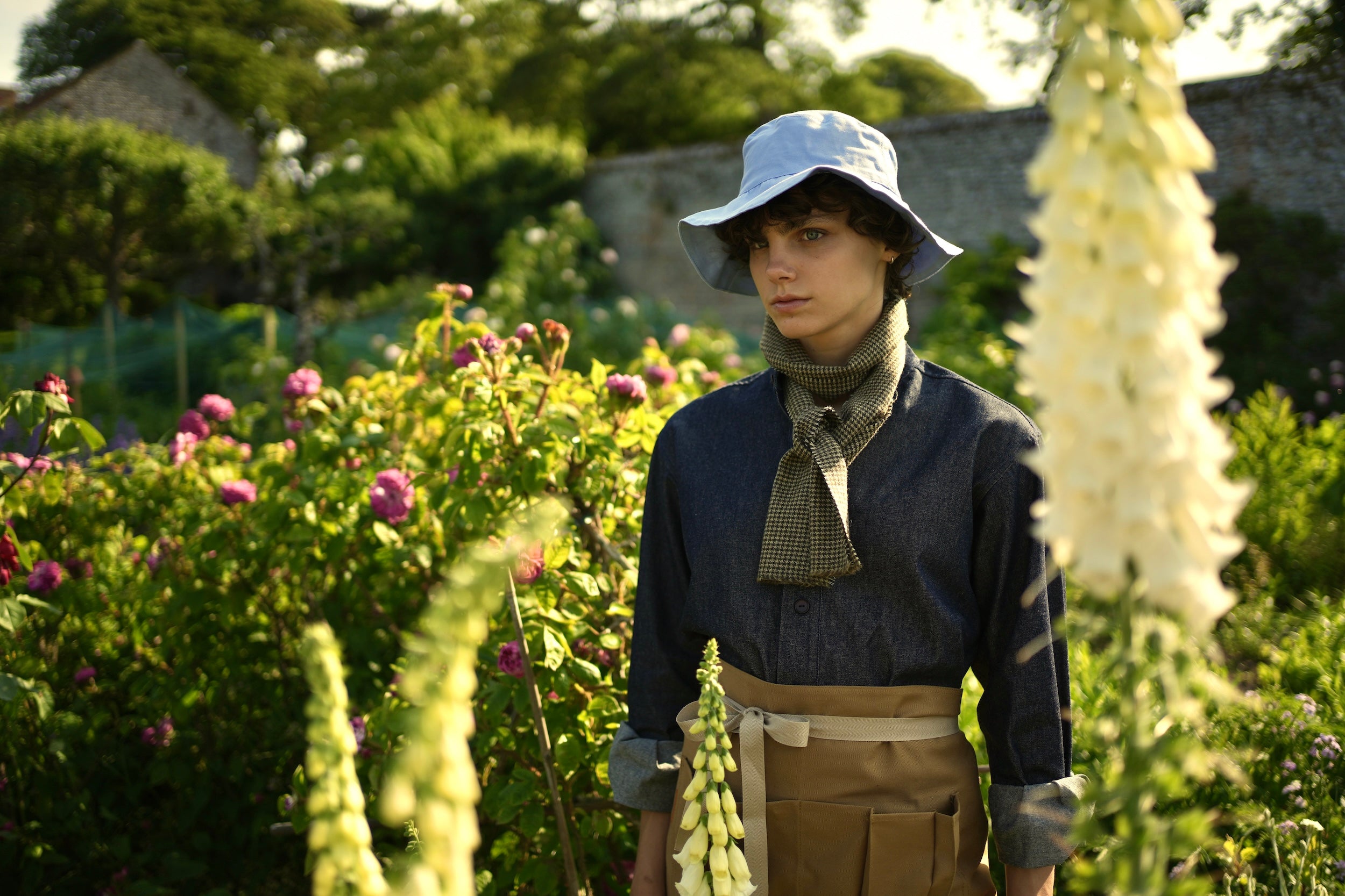 Els Wears Carrier Company Denim Work Shirt, Half Apron, Sun Hat and Scarf