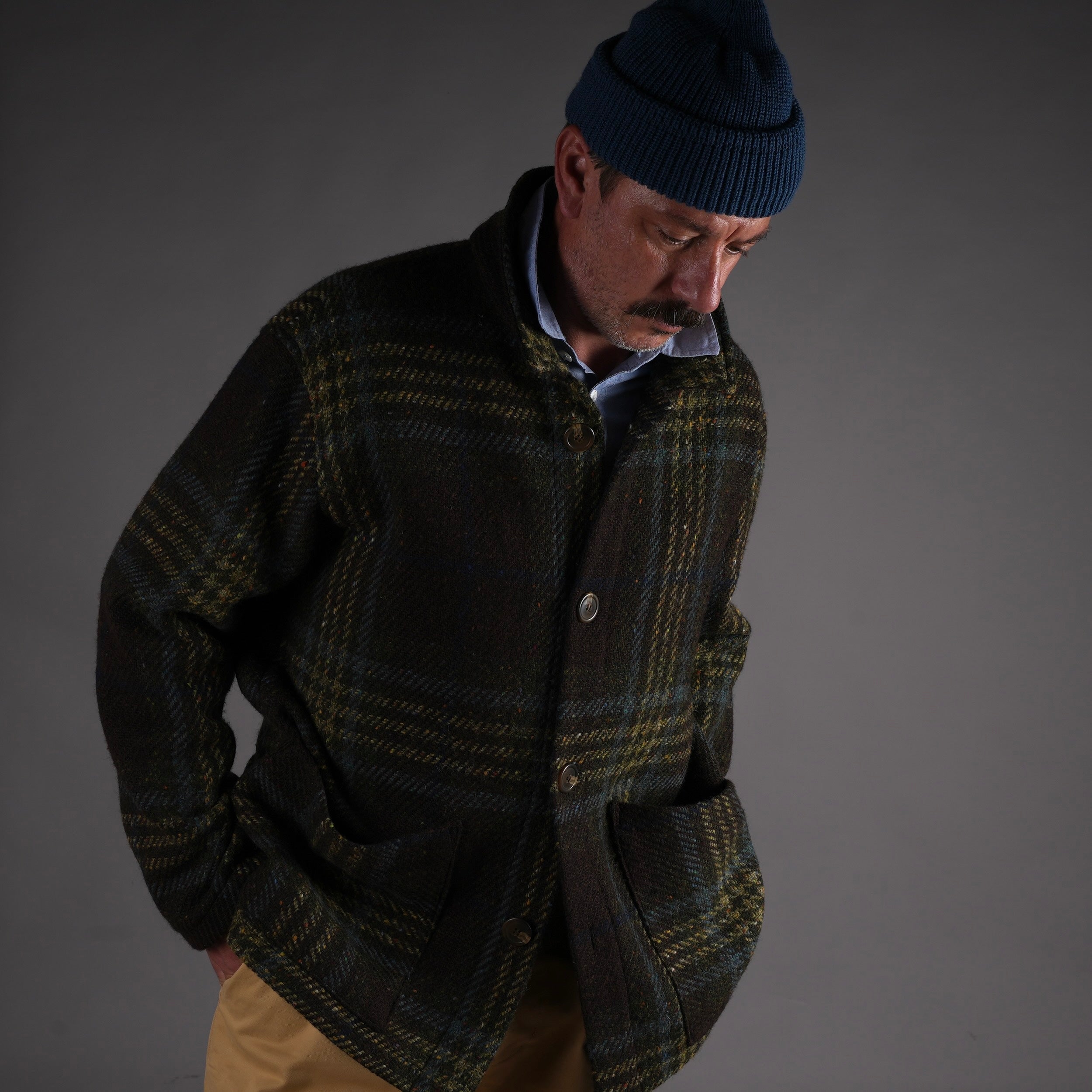 Enzo wears Carrier Company Celtic Wool Jacket in Spearmint