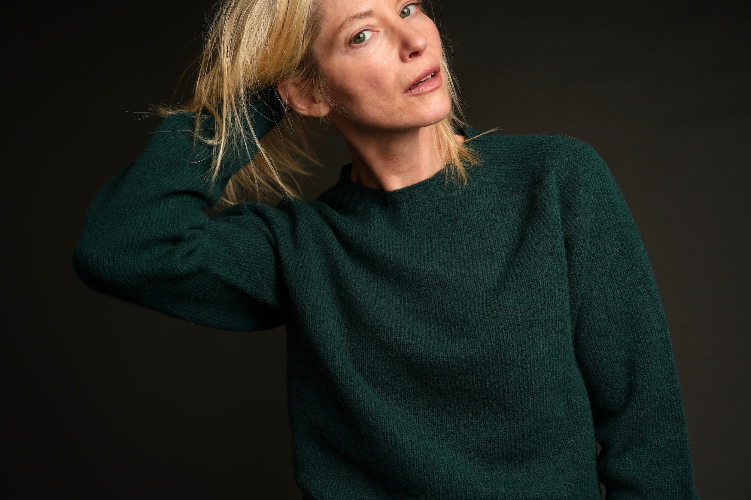 Sienna wears Pine Shetland Wool Jumper