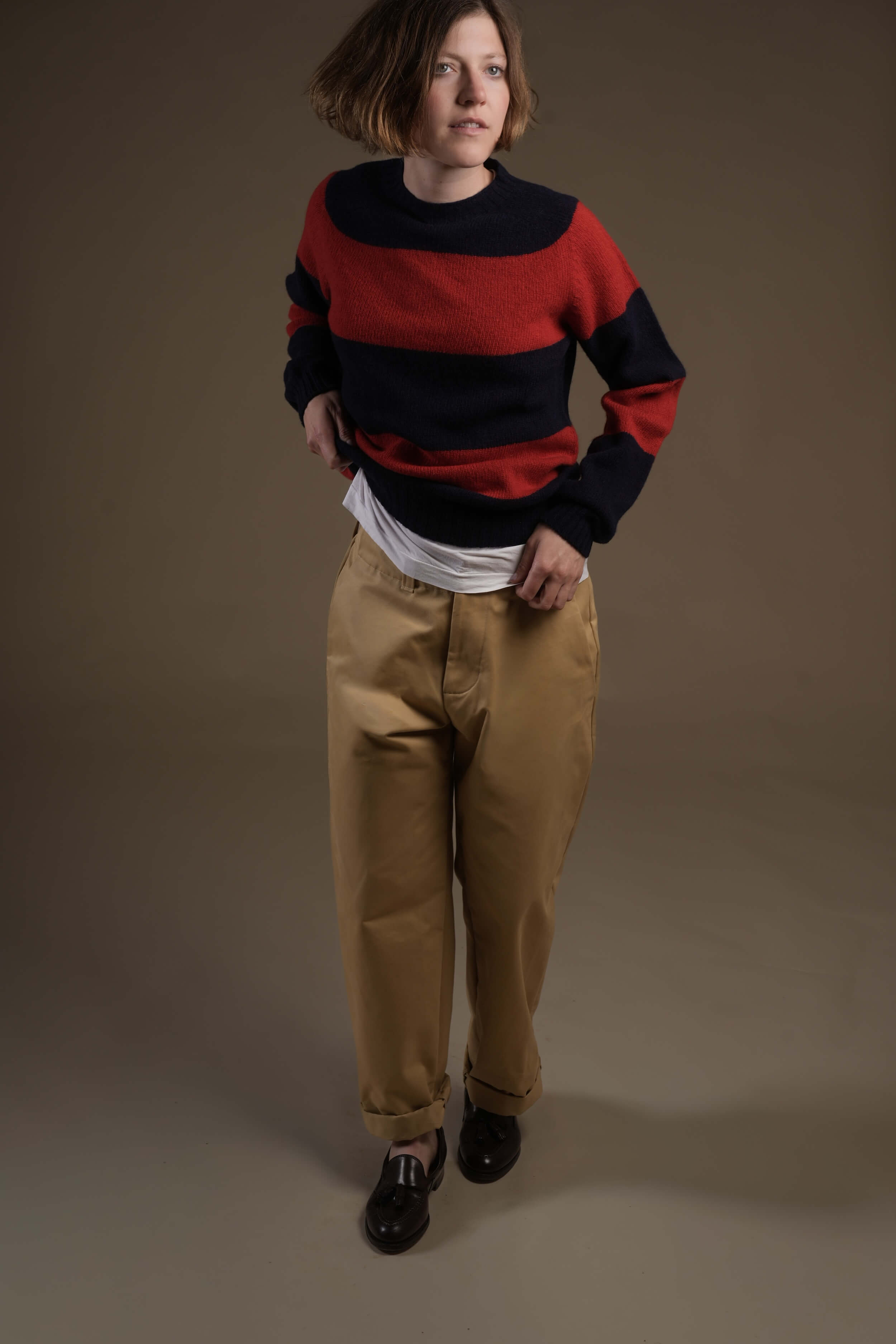 Carrier Company Banded Lambswool Jumper In Navy & Red Lambswool