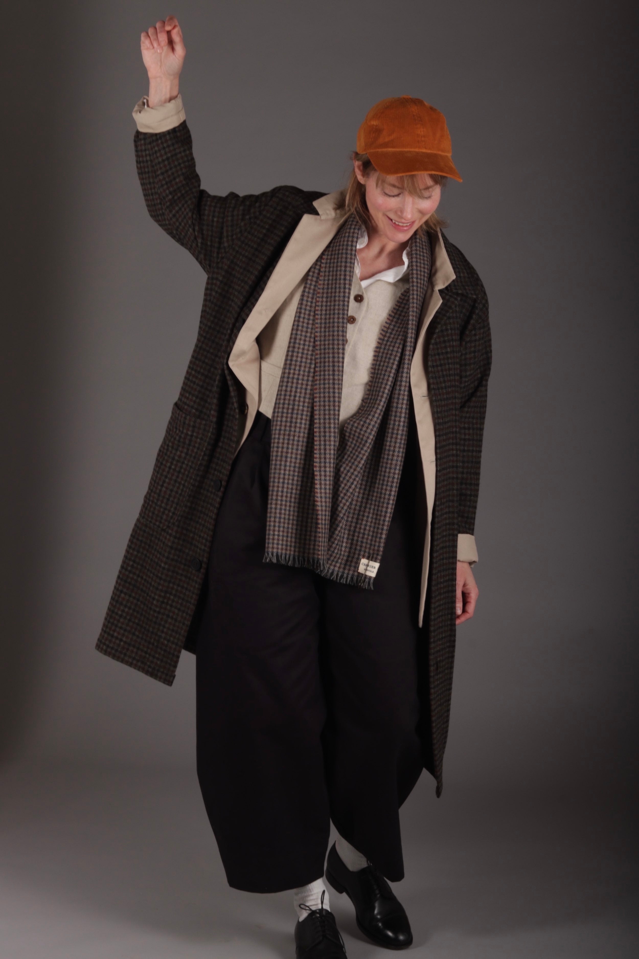 Sienna wears Carrier Company Wool Coat with Corduroy Cap, Scarf, Three Button Jacket and Dutch Trousers