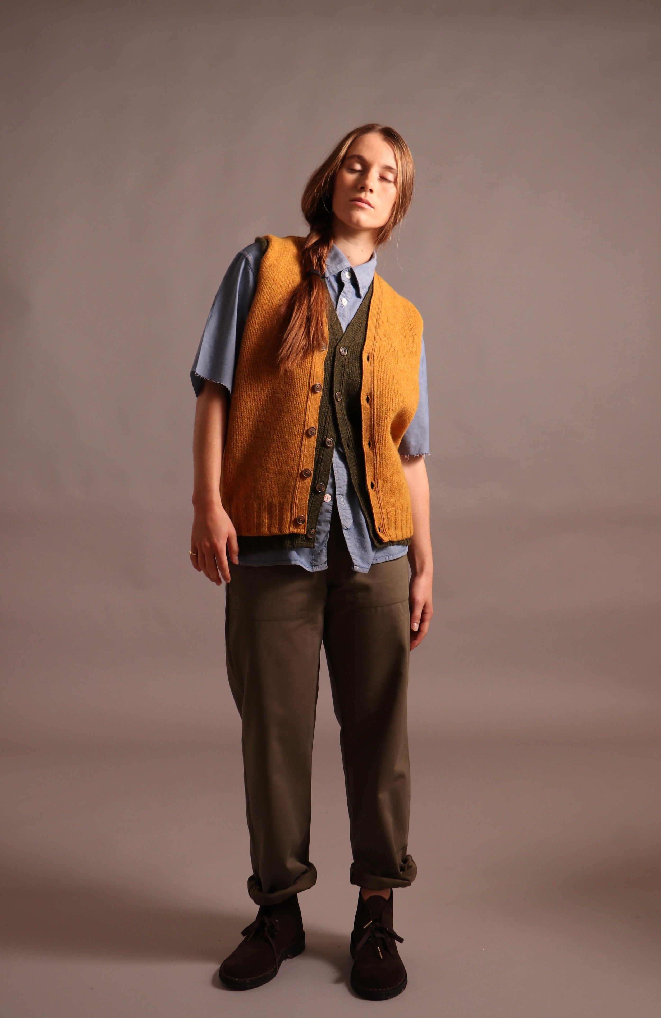 Decca wears Carrier Company Sleevless Cradigans with Chambray Pinpoint Shirt and Women's Work Trouser