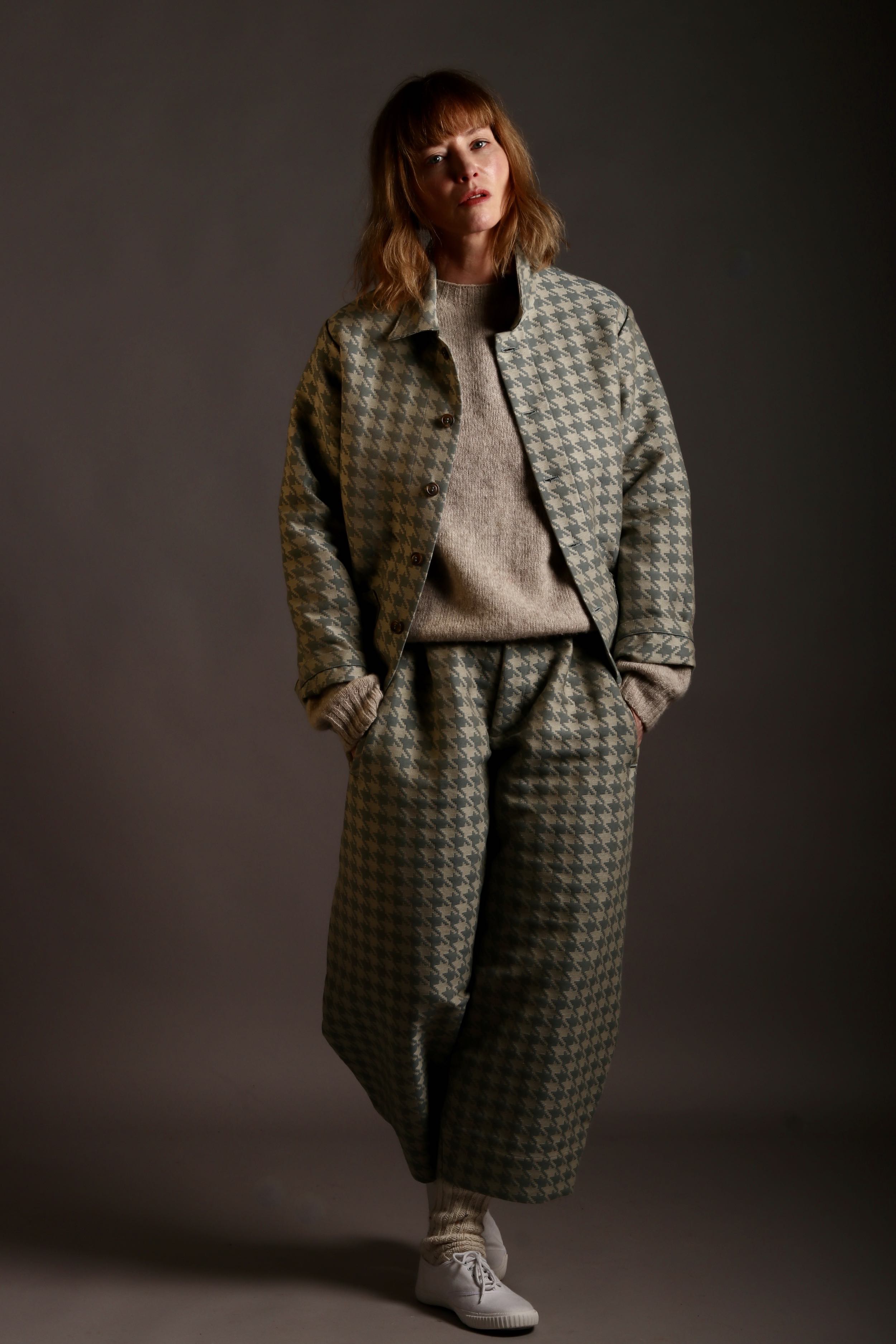 Sienna wears Carrier Company x Flora Soames Dutch Trouser in Duck Egg Walt