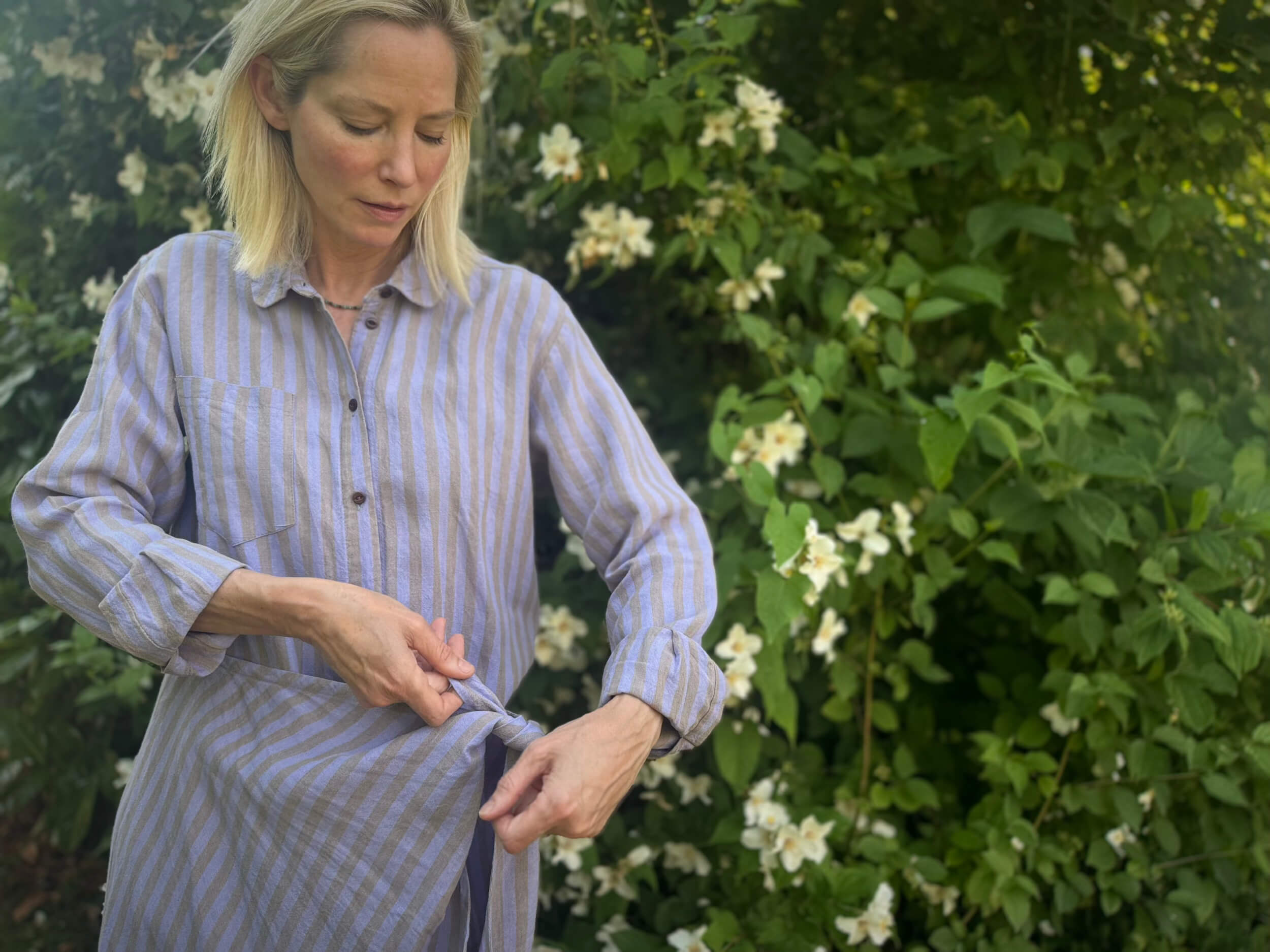Sienna Wears Carrier Company Shirt Wrap Dress In Bluebell Stripe