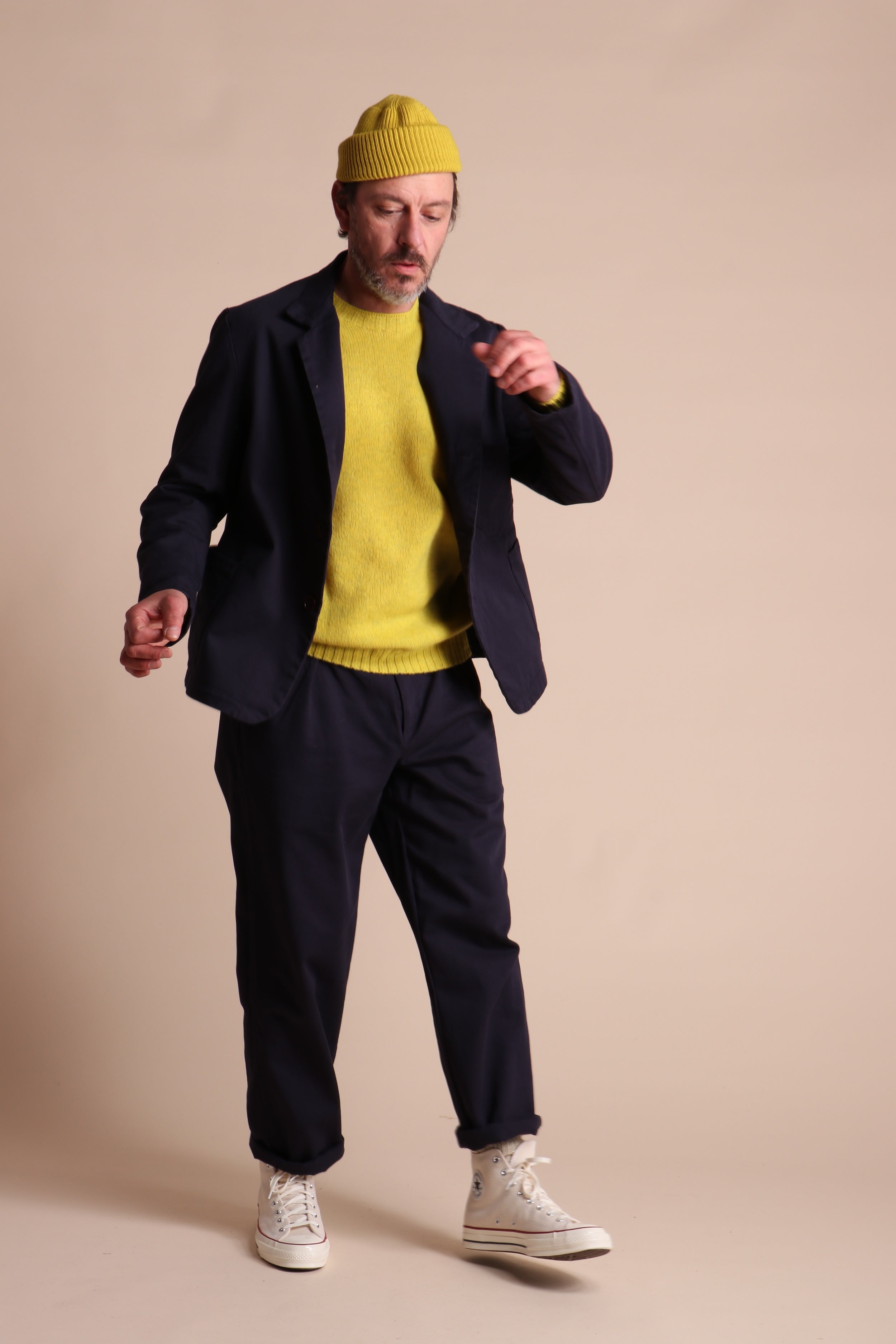 Enzo Wears Carrier Company Shetland Lambswool Jumper In Acid Yellow With Three Button Jacket & Classic Trouser