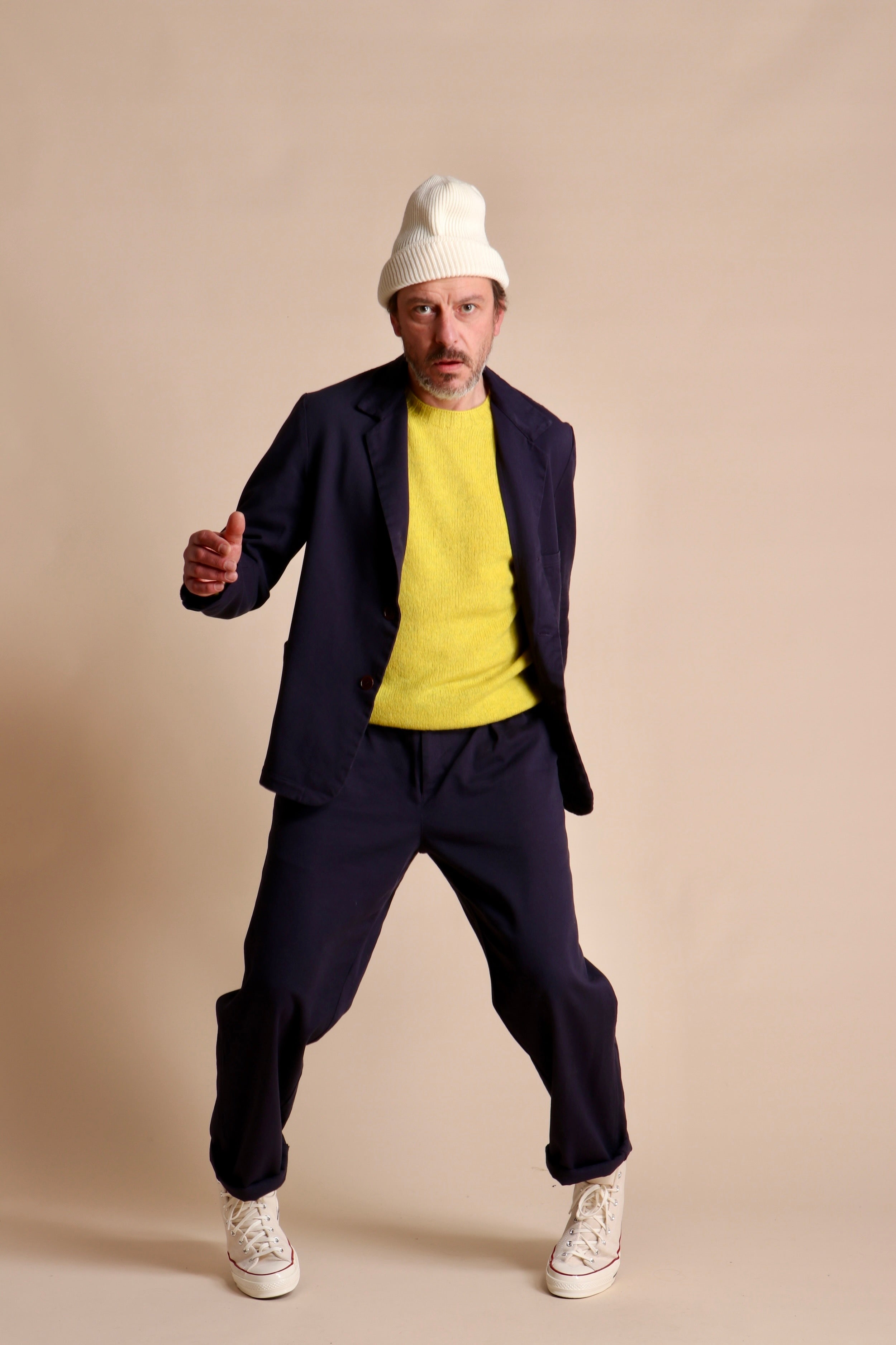 Enzo Wears Carrier Company Shetland Lambswool Jumper In Acid Yellow With Three Button Jacket & Classic Trouser