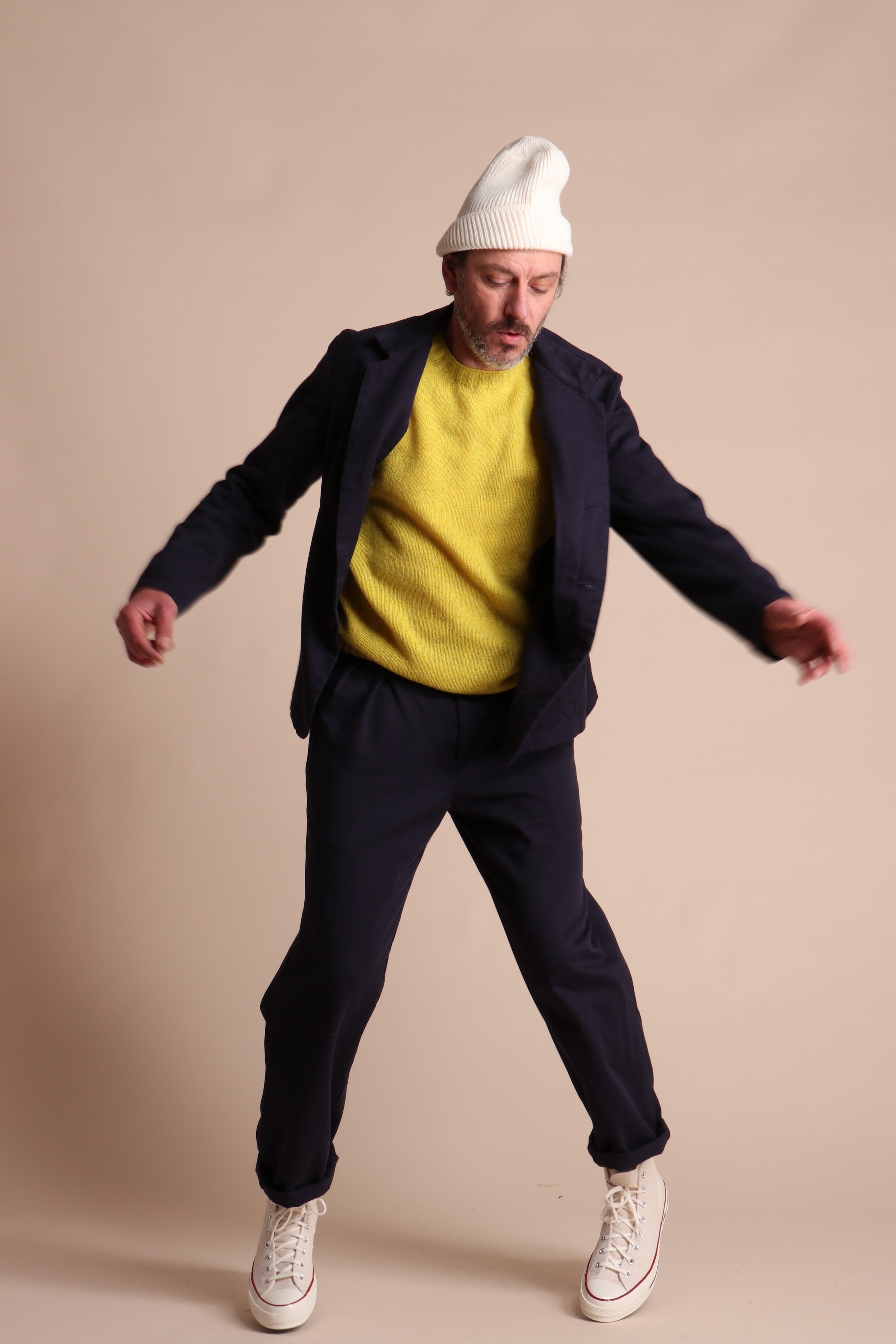 Enzo Wears Carrier Company Shetland Lambswool Jumper In Acid Yellow With Three Button Jacket & Classic Trouser