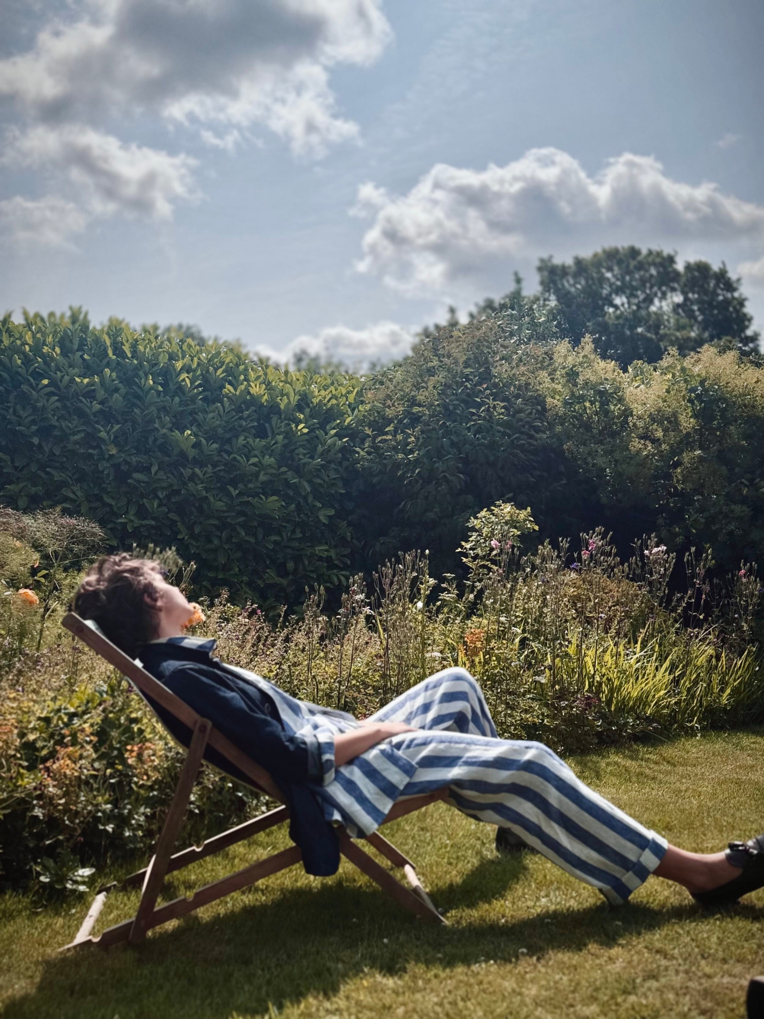 Els Wears Carrier Company Blue & White Striped Linen Pyjamas & Three Button Jacket in Denim