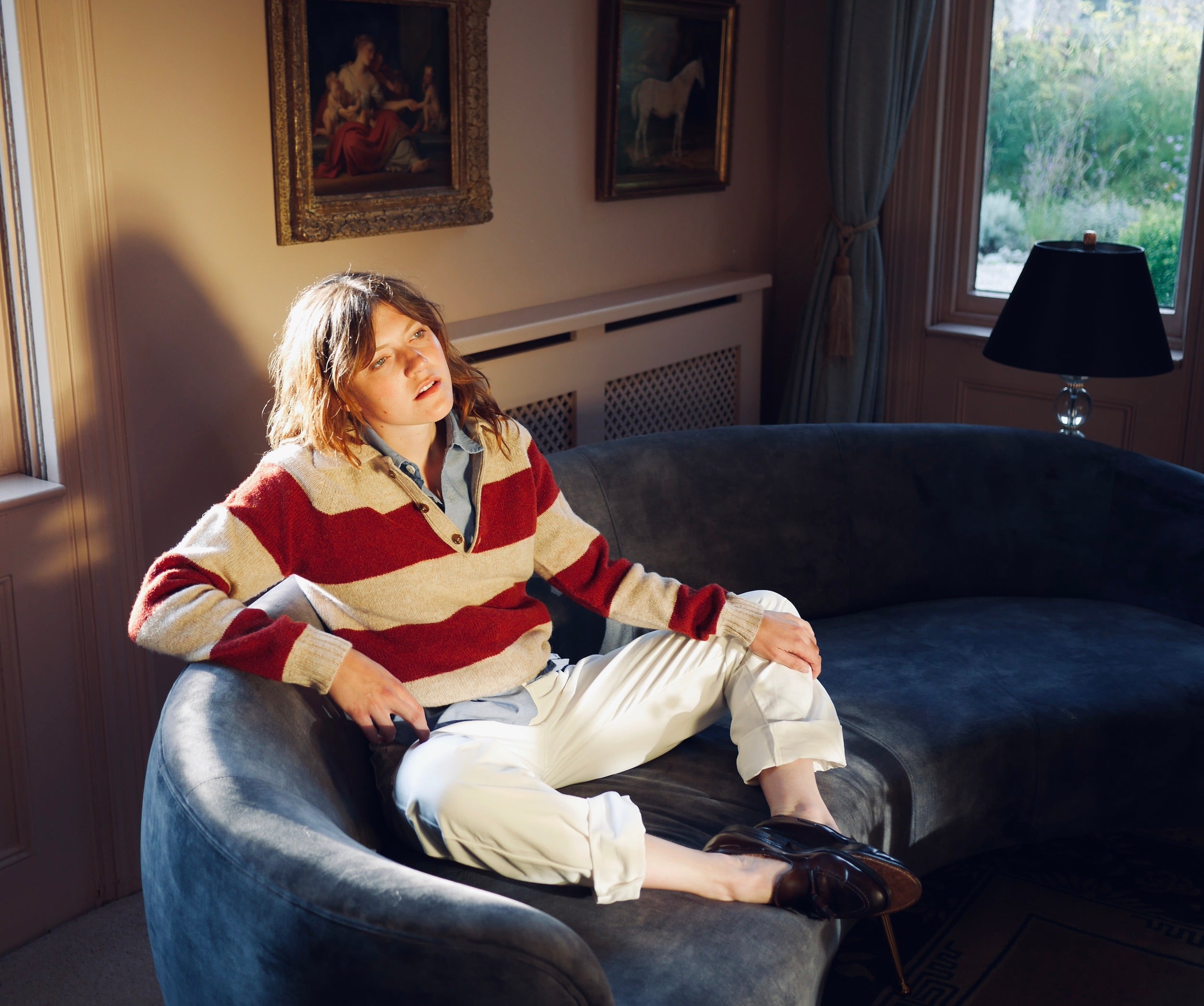 Minna wears Carrier Company Collar Jumper in Tusk and Blaze