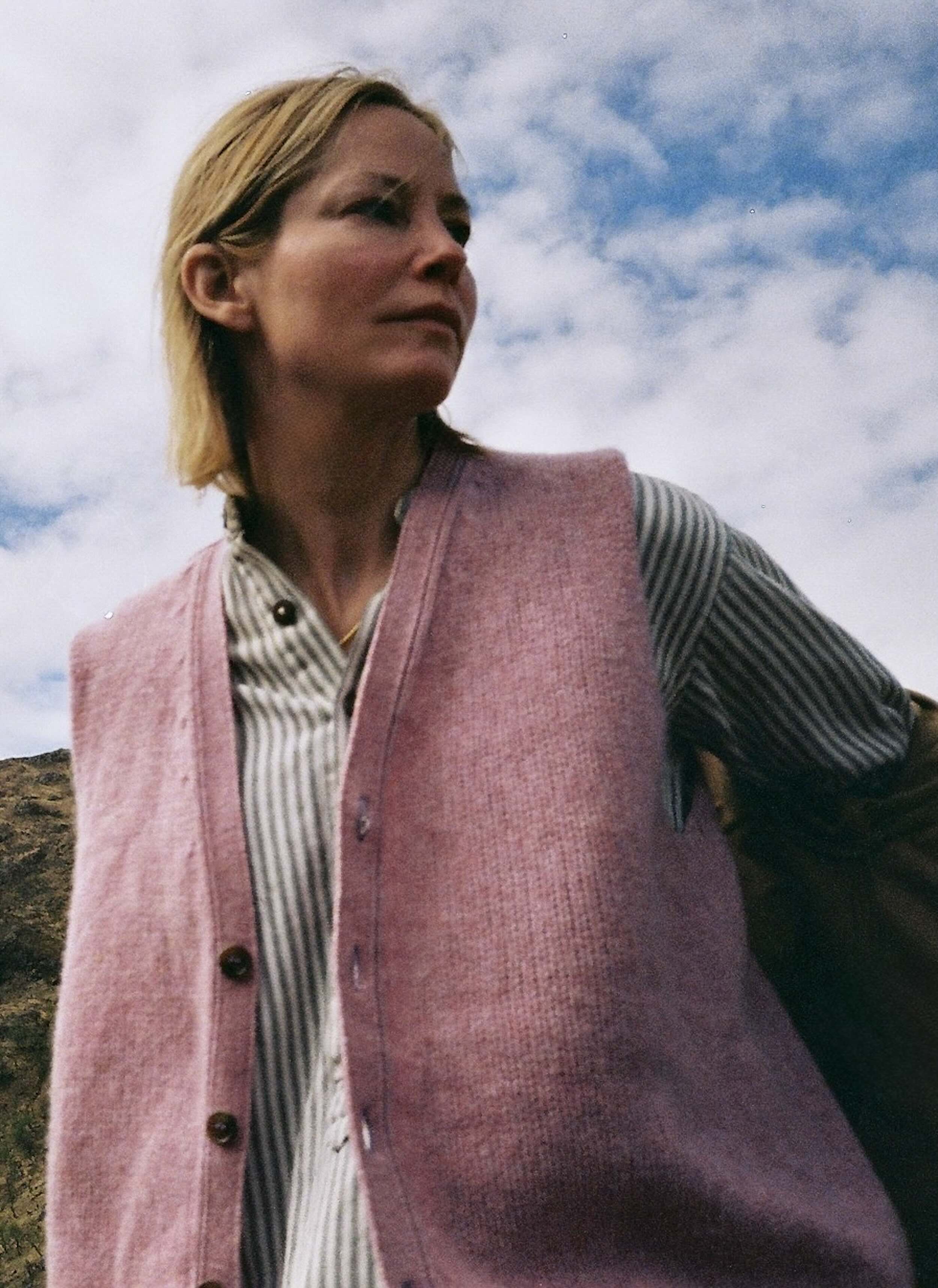 Sienna Wears Carrier Company Sleeveless Cardigan In Lilac With Ticking Workshirt