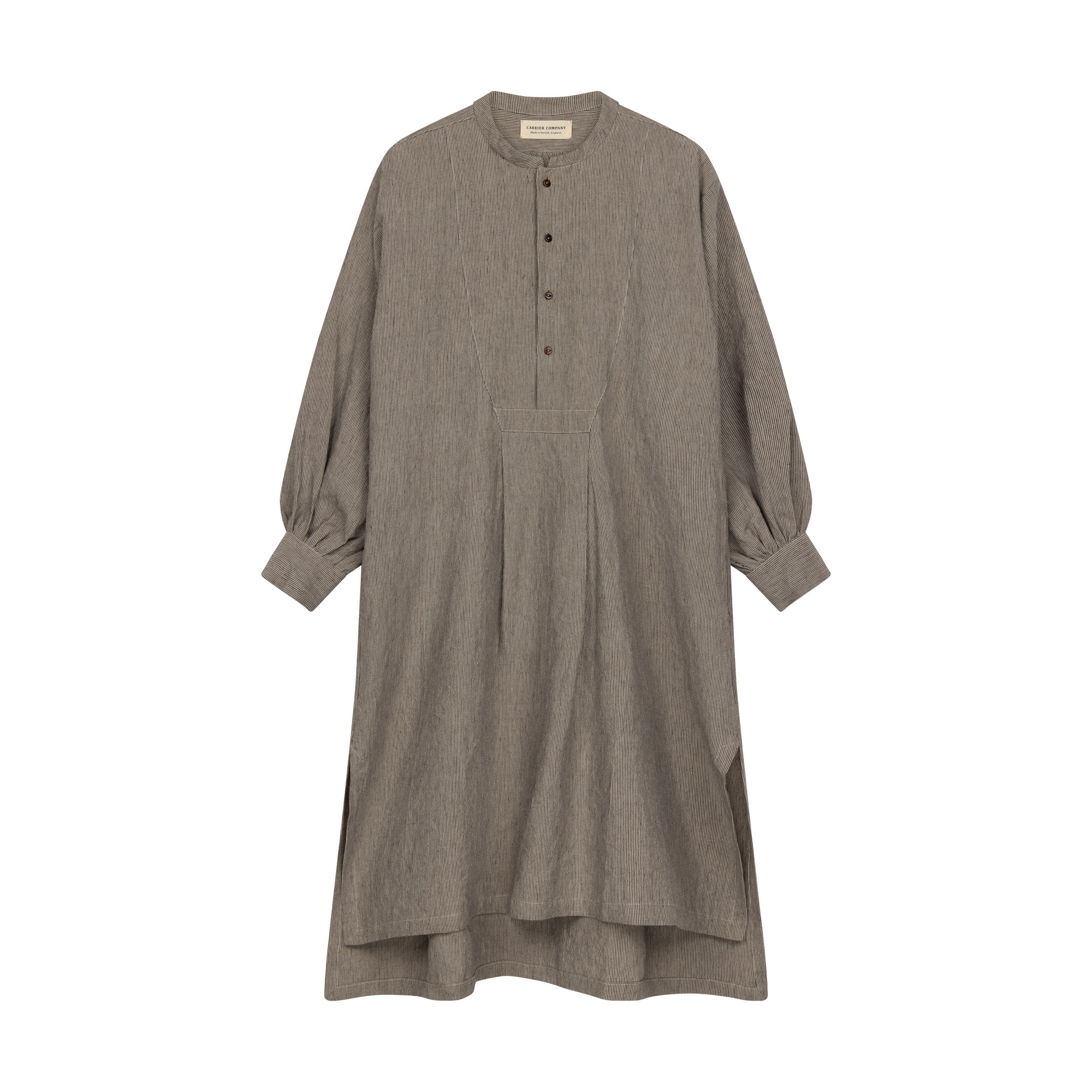Carrier Company Léa Dress in Charcoal Needle Stripe linen.