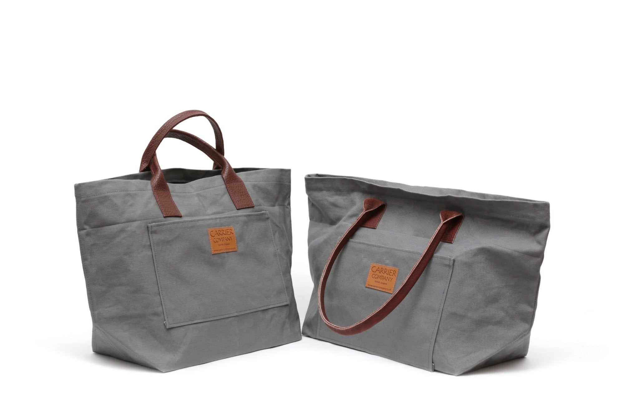 Carrier Company Leather Handled Loot and Boot Bags in Dove Grey with Both Short and Long Handles