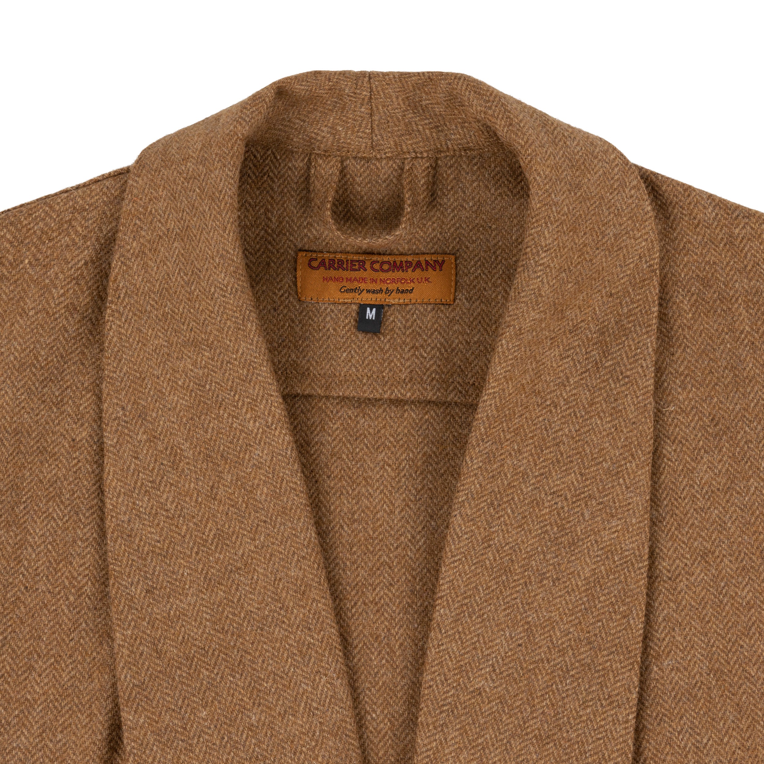 Detail of Carrier Company Wool Dressing Gown in Tan Herringbone