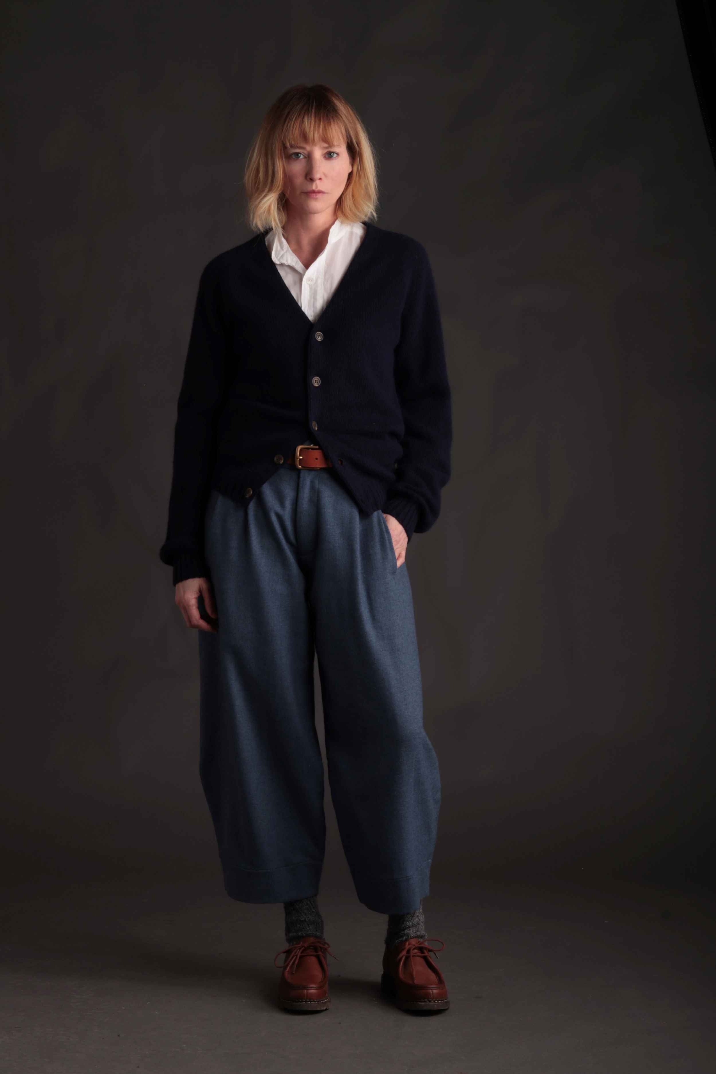 Woman wearing Carrier Company Cardigan in Navy with Dutch Trousers in Wool