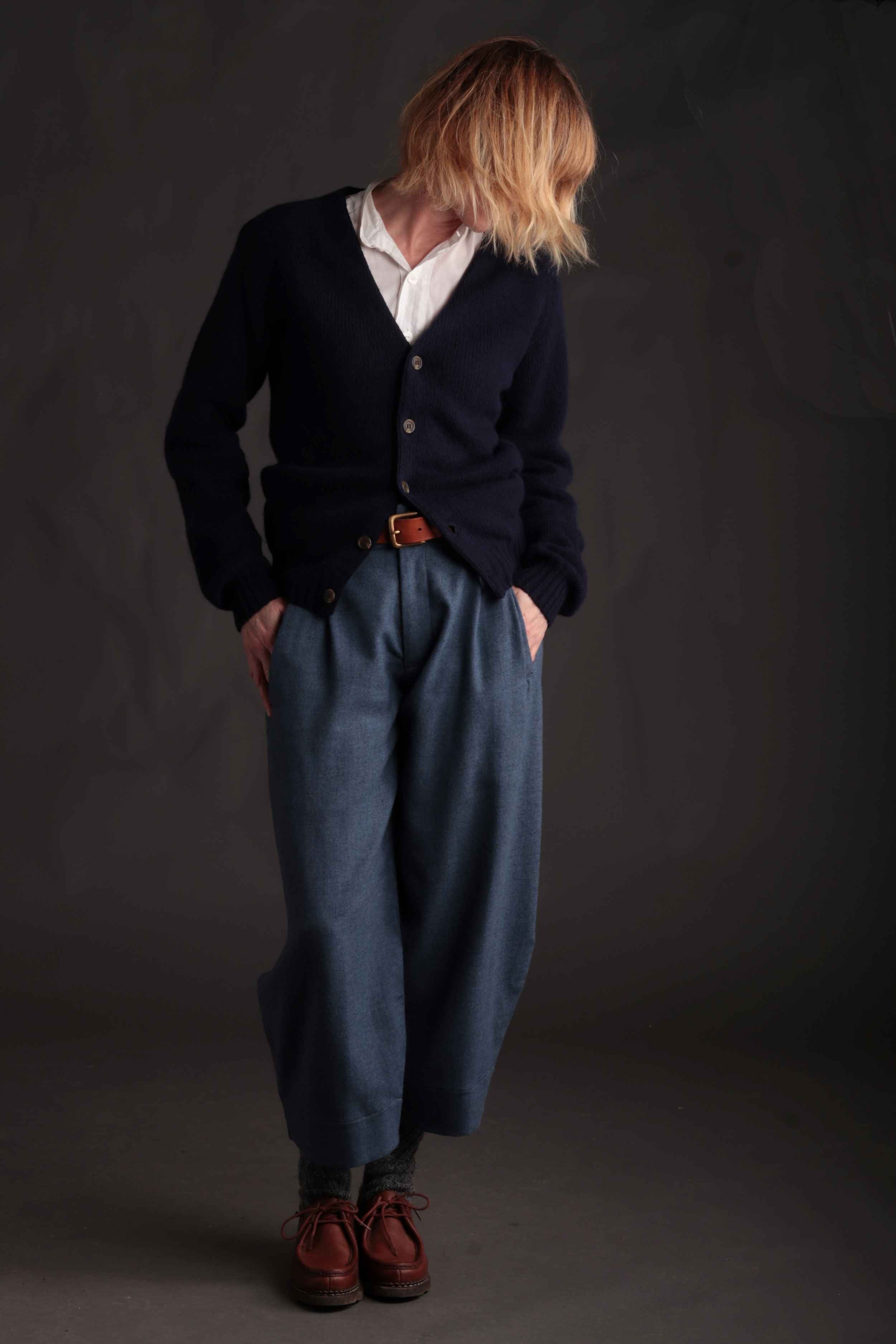 Woman wearing Carrier Company Cardigan in Navy with Dutch Trousers in Wool