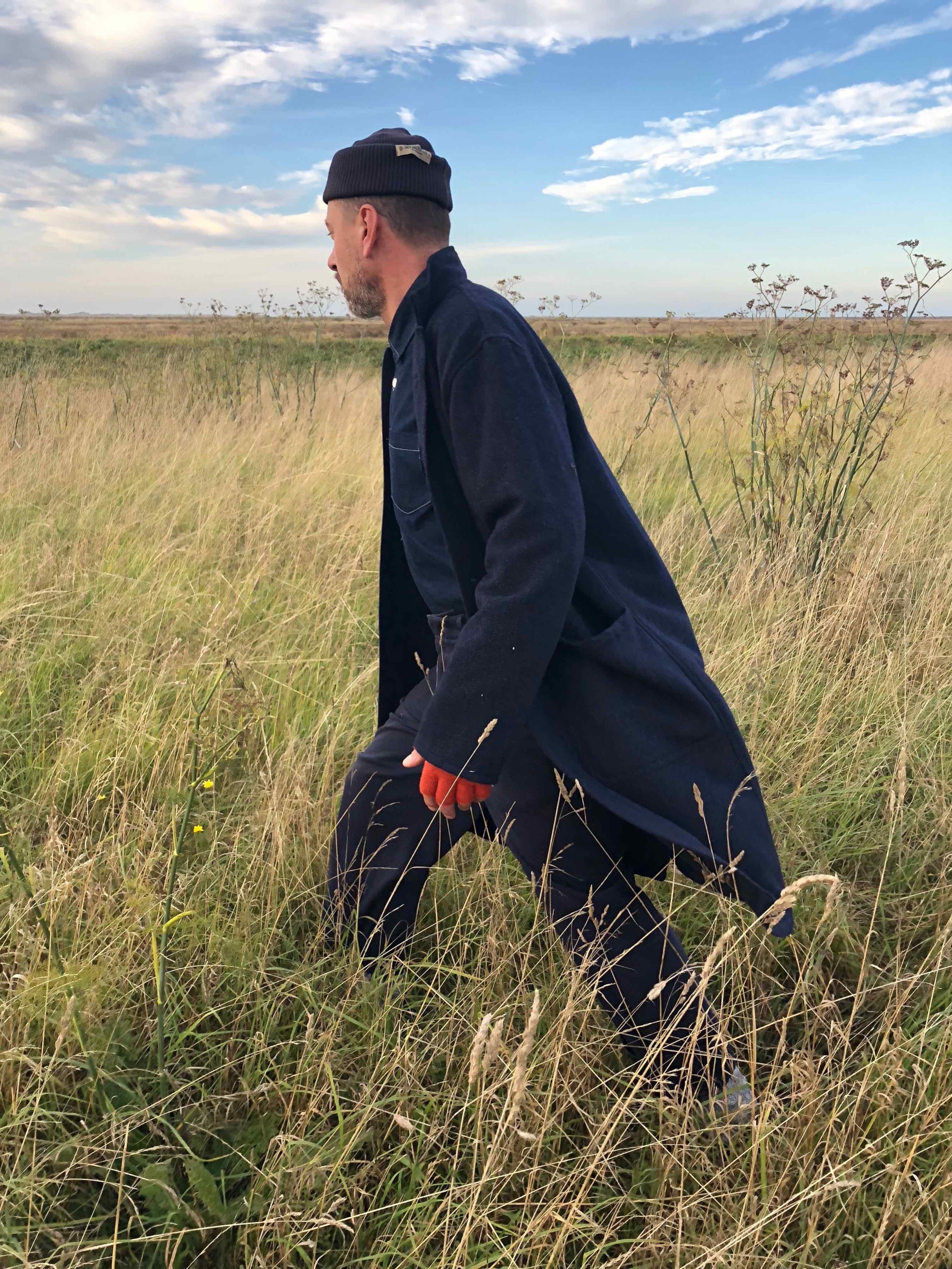 Man wearing Carrier Company Wool Coat in Navy