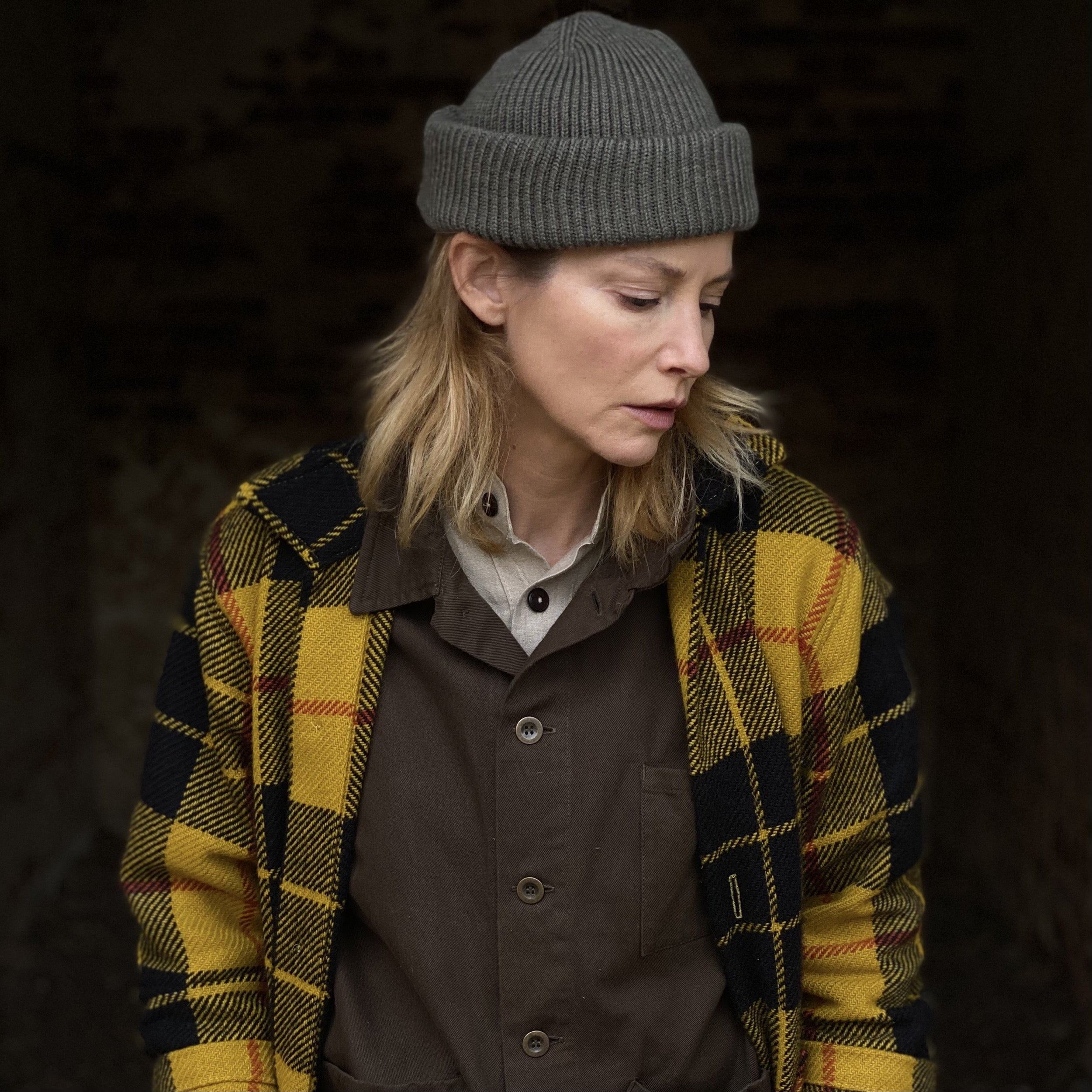 Woman wears Carrier Company Wool Hat in Olive Drab  with Celtic Wool Jacket and Olive Work Jacket