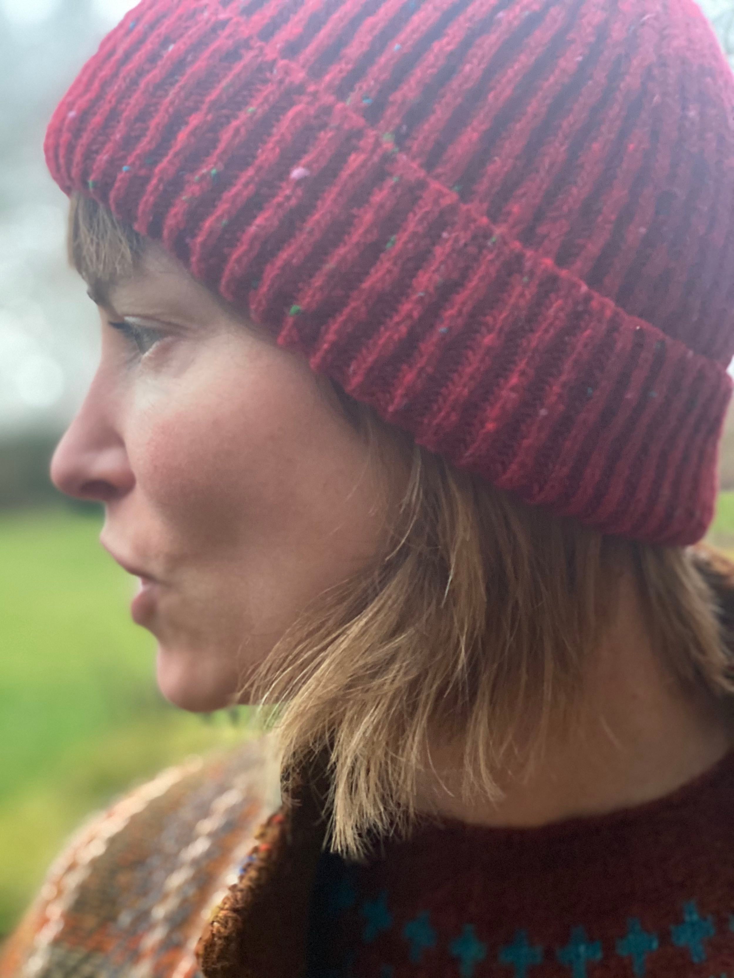 Woman wearing Carmine Donegal Wool Hat