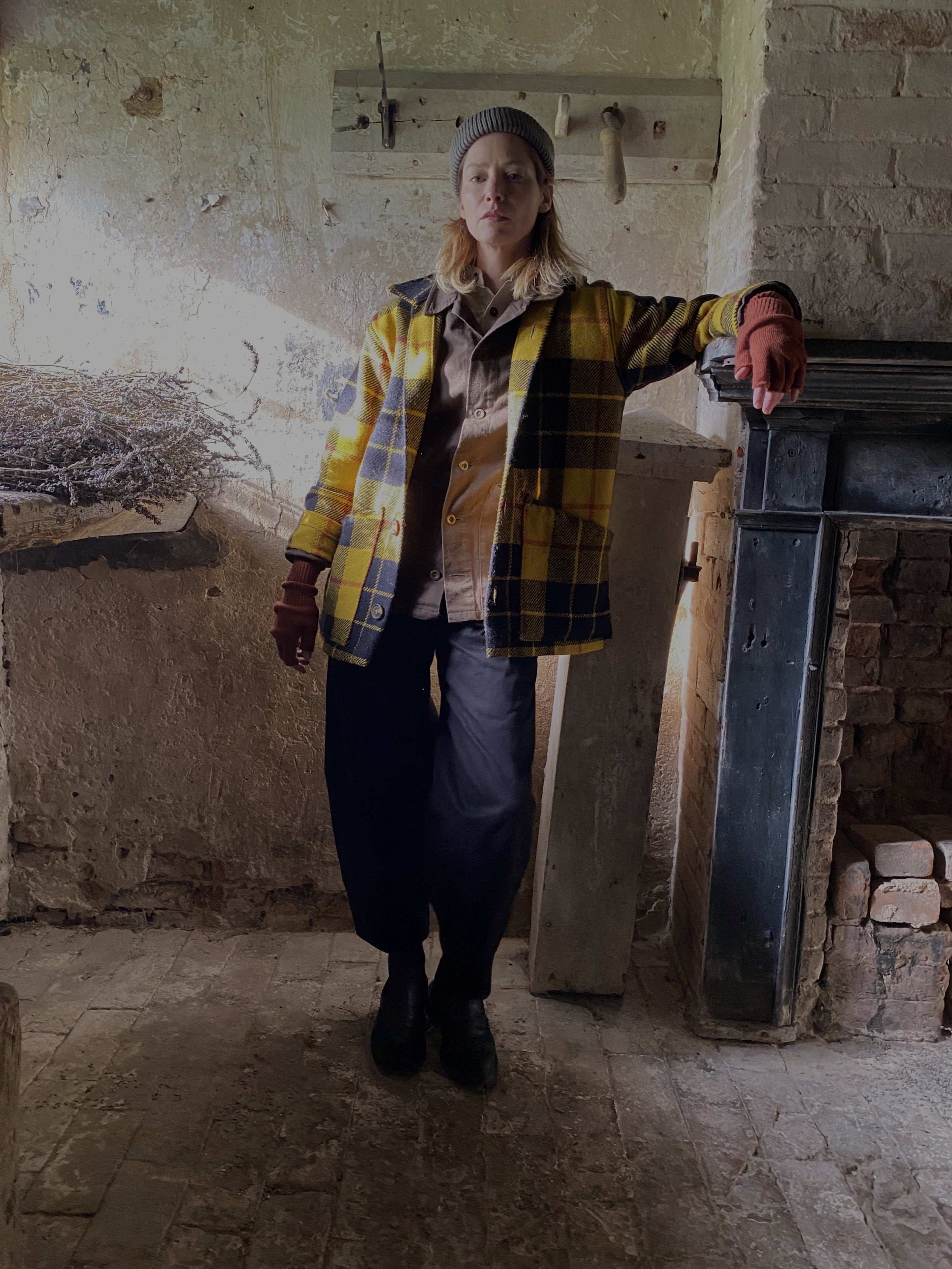 Sienna wears Celtic Wool Jacket in Norfolk Tartan with Work Jacket and Dutch Trouser