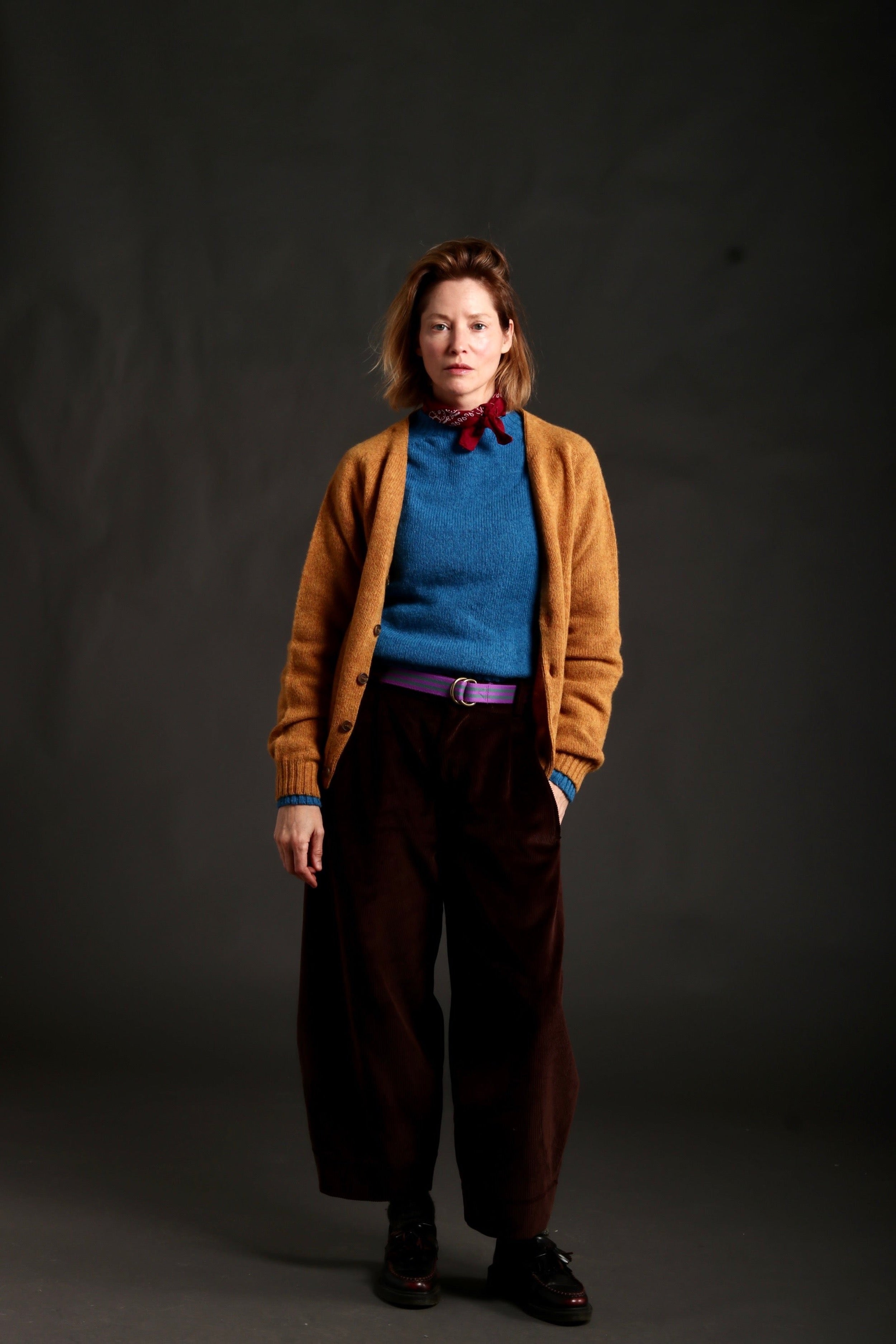 Woman wears Carrier Company Dutch Trouser in Chocolate Brown