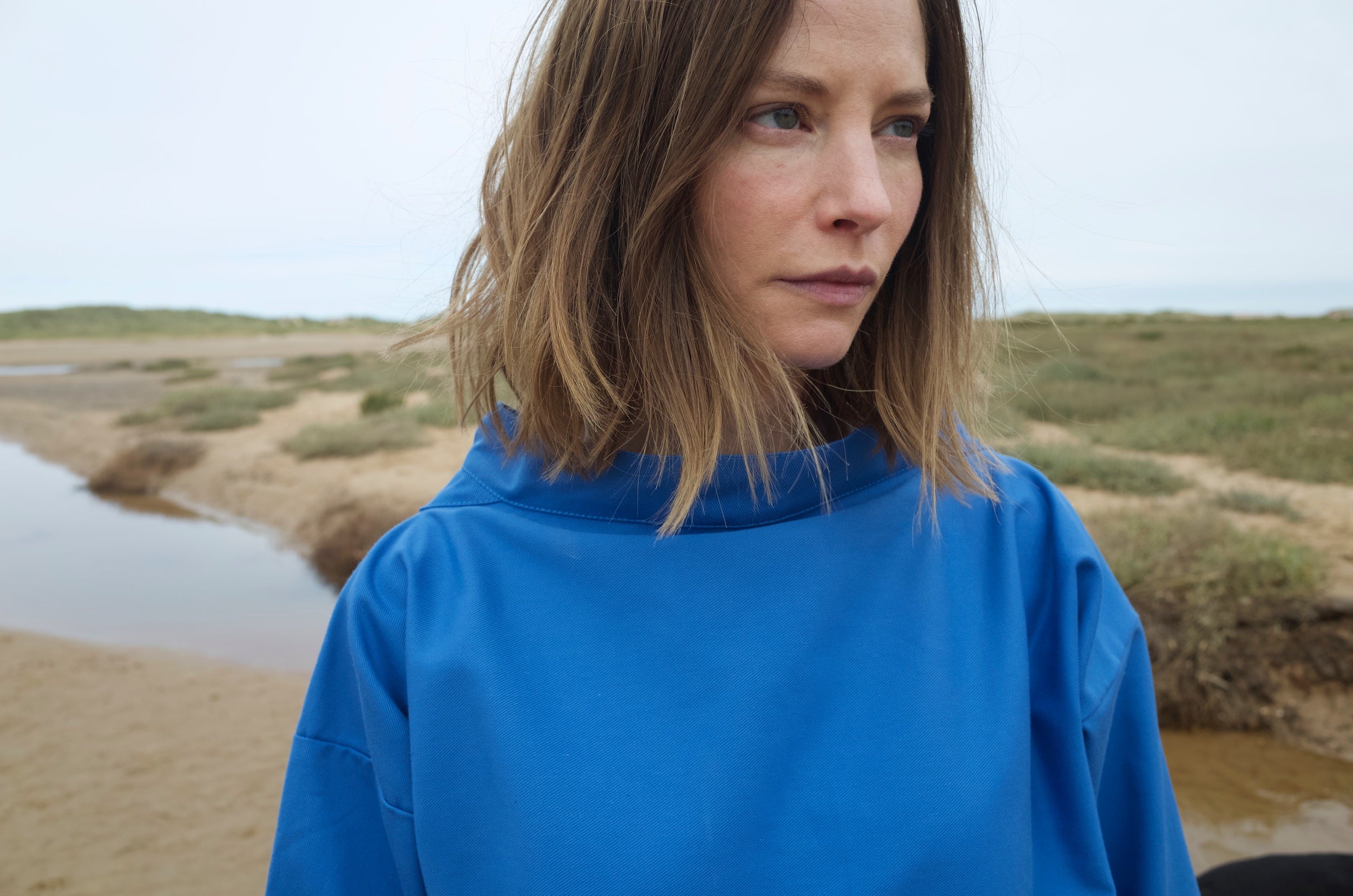 Woman wearing Carrier Company Traditional Norfolk Slop in Sky Blue