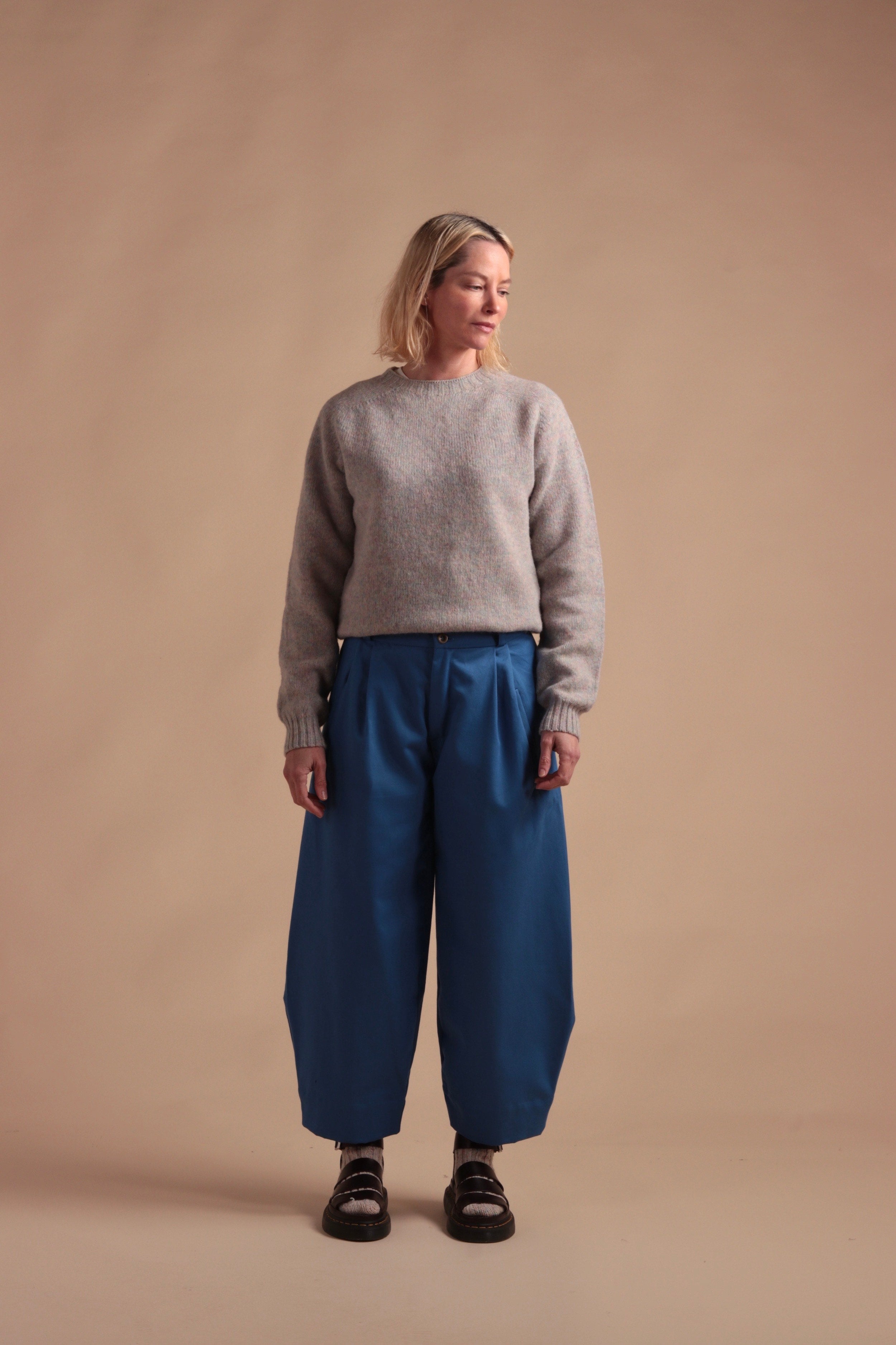 Carrier Company Dutch trouser in Sky Cotton Drill with Shetland Jumper in Tutti Frutti