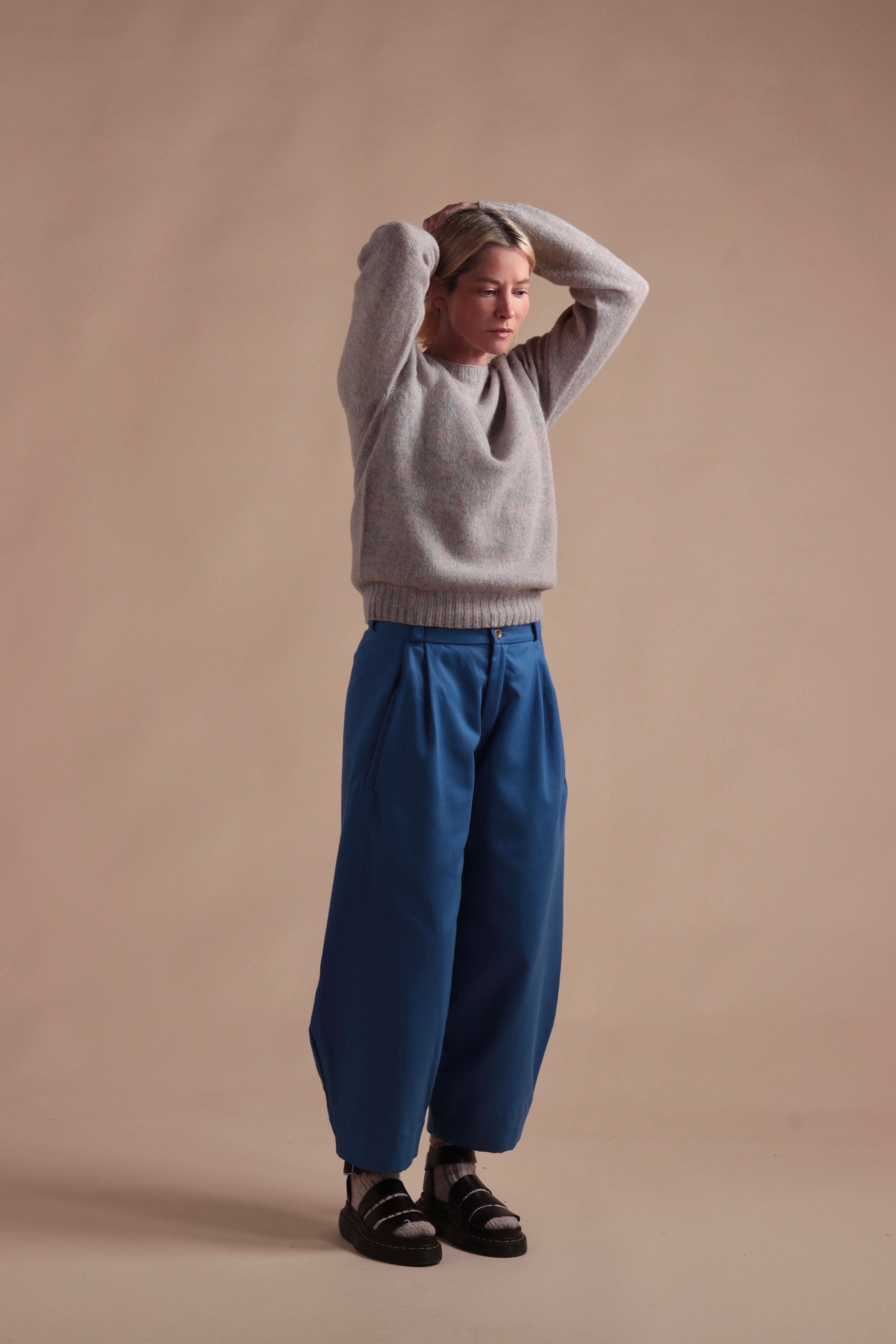 Carrier Company Dutch trouser in Sky Cotton Drill with Shetland Jumper in Tutti Frutti