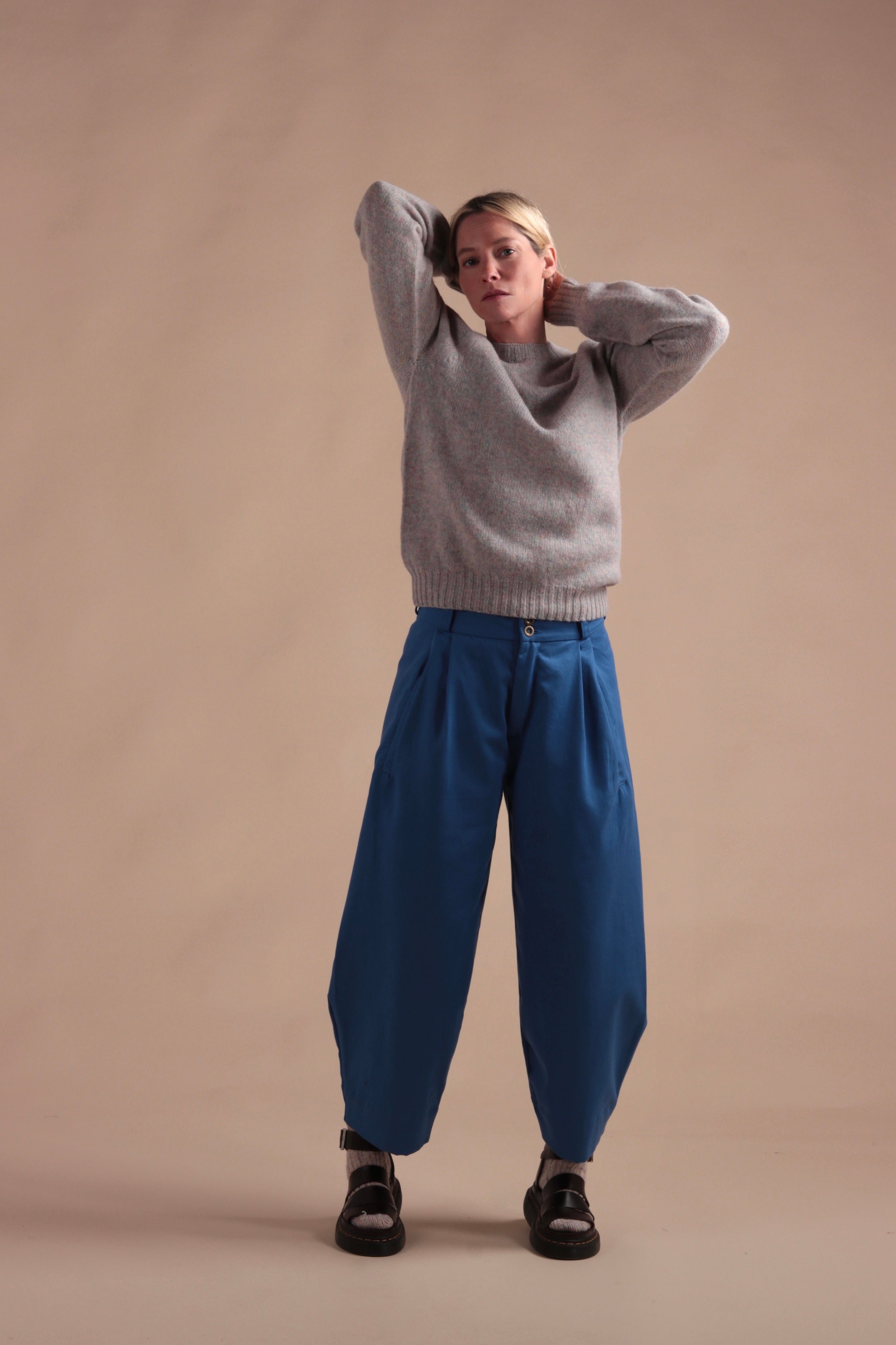 Carrier Company Dutch trouser in Sky Cotton Drill with Shetland Jumper in Tutti Frutti