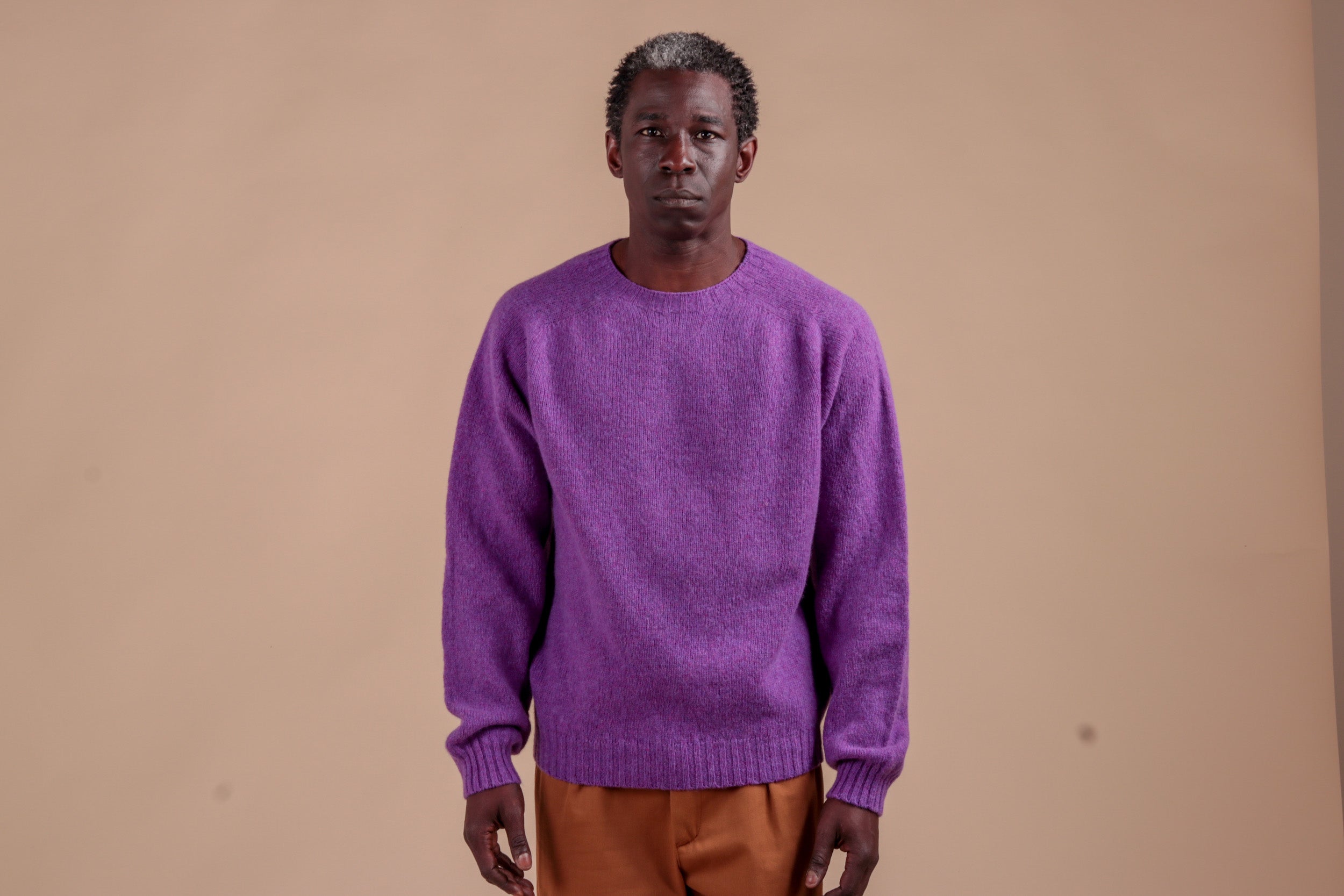 Man wears Carrier Company Shetland Lambswool Jumper in Allium with Classic Trouser in Tan