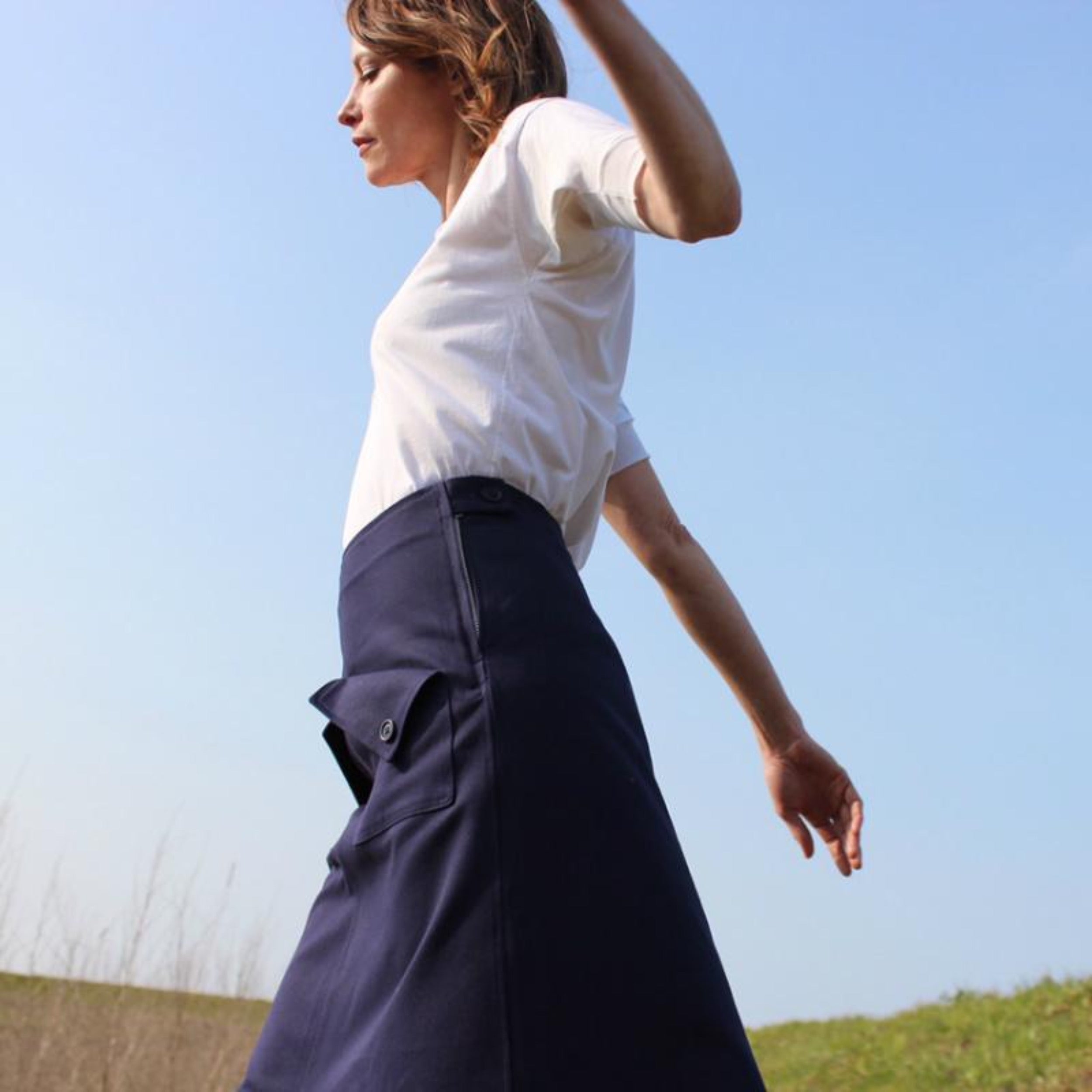 Woman wearing Carrier Company Mum Skirt in Navy