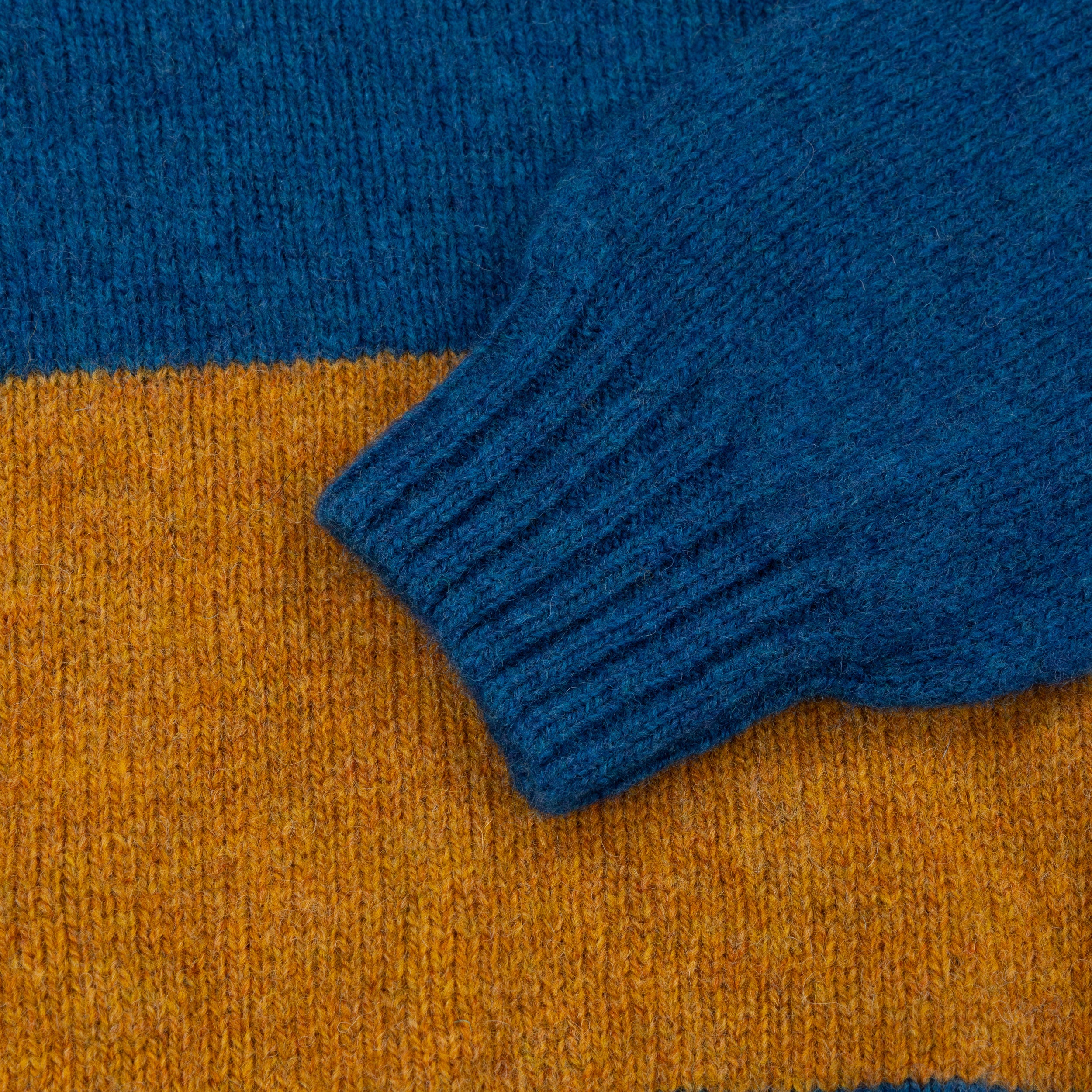 Carrier Company Banded Shetland Jumper In Blue & Gold Lambswool.